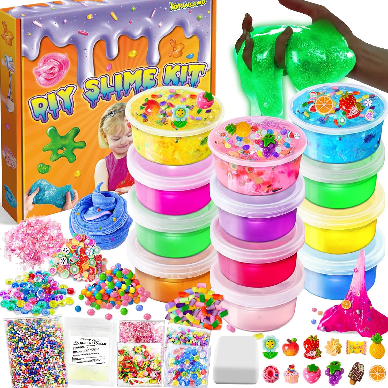 12 Cups DIY Slime Kit, Slime Making Kit for Girls, Premade Clear Slime | Glow in The Dark Slime with Add-ins, Charms, Party Favors Gift Toys for Kids 3-12