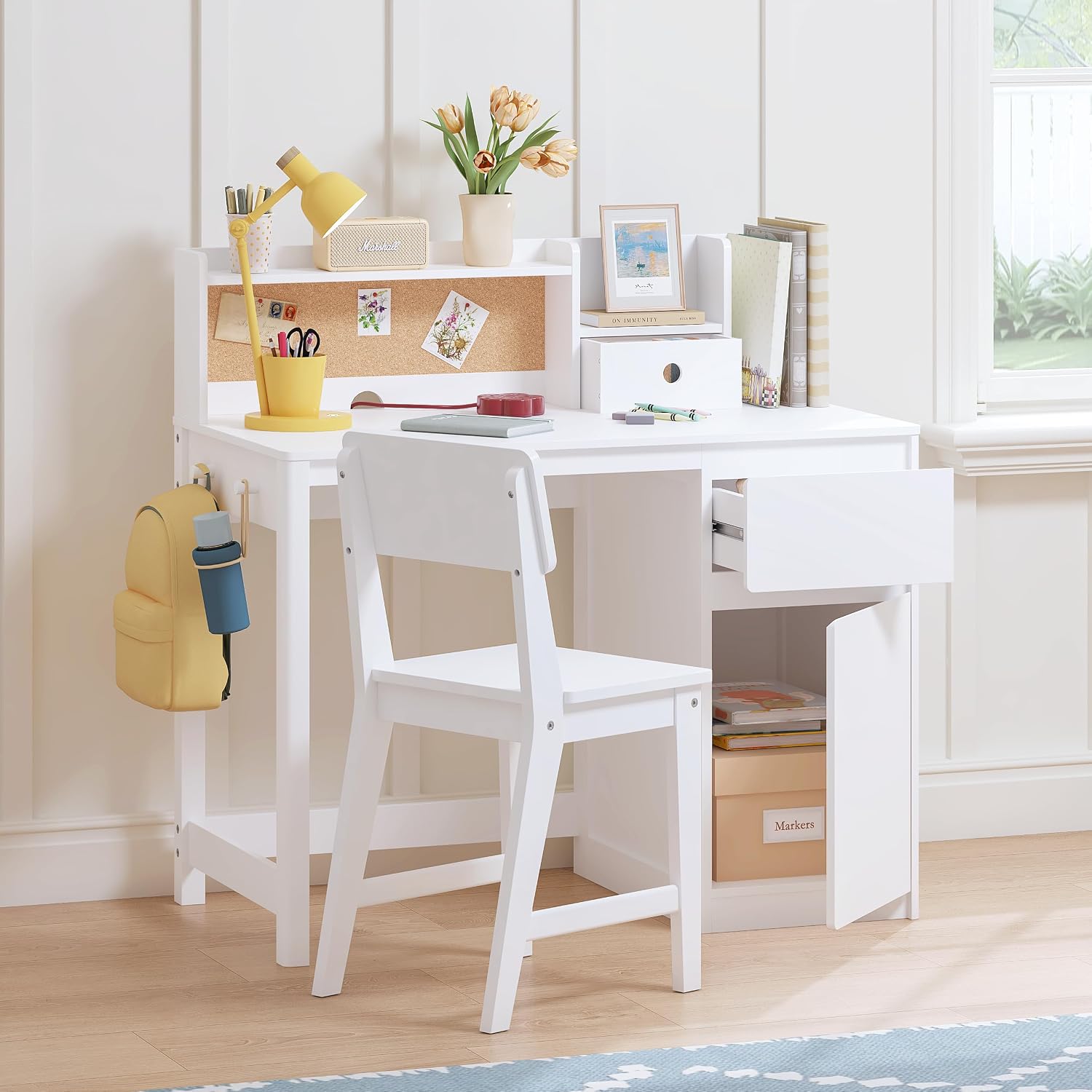 UTEX Wooden Kids Desk and Chair Set with Hutch and Storage for Ages 3-12 | Kids Study Table with Cork Bulletin Board, Multi-Zone Storage, Water-based Paint Finish for Kids Room, Study Room