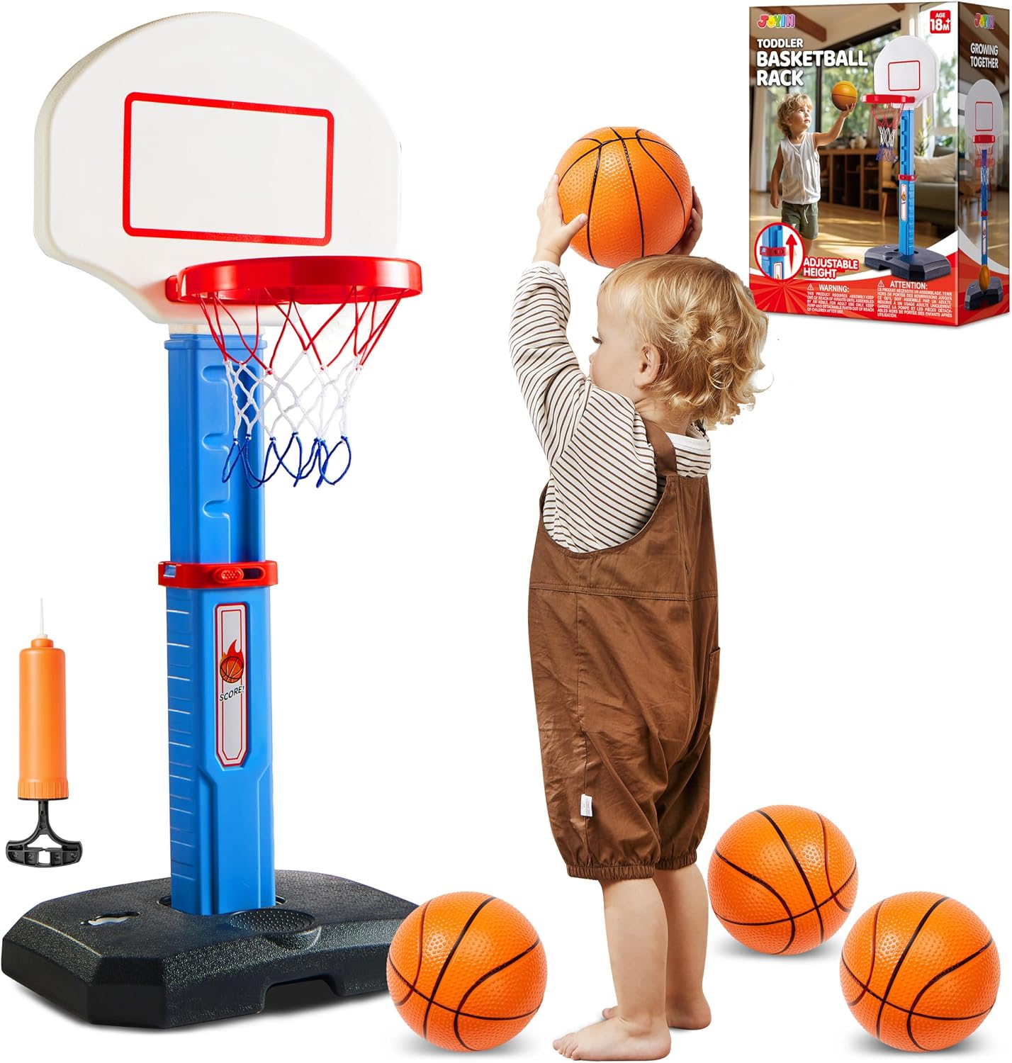 JOYIN Toddler Basketball Hoop Indoor, Adjustable Basketball Goal for Kids with 4 Balls, Game Toys for Playroom Pool Outdoor, Birthday Gift for Baby Boys Girls Age 1 2 3 4 – Air Pump Included