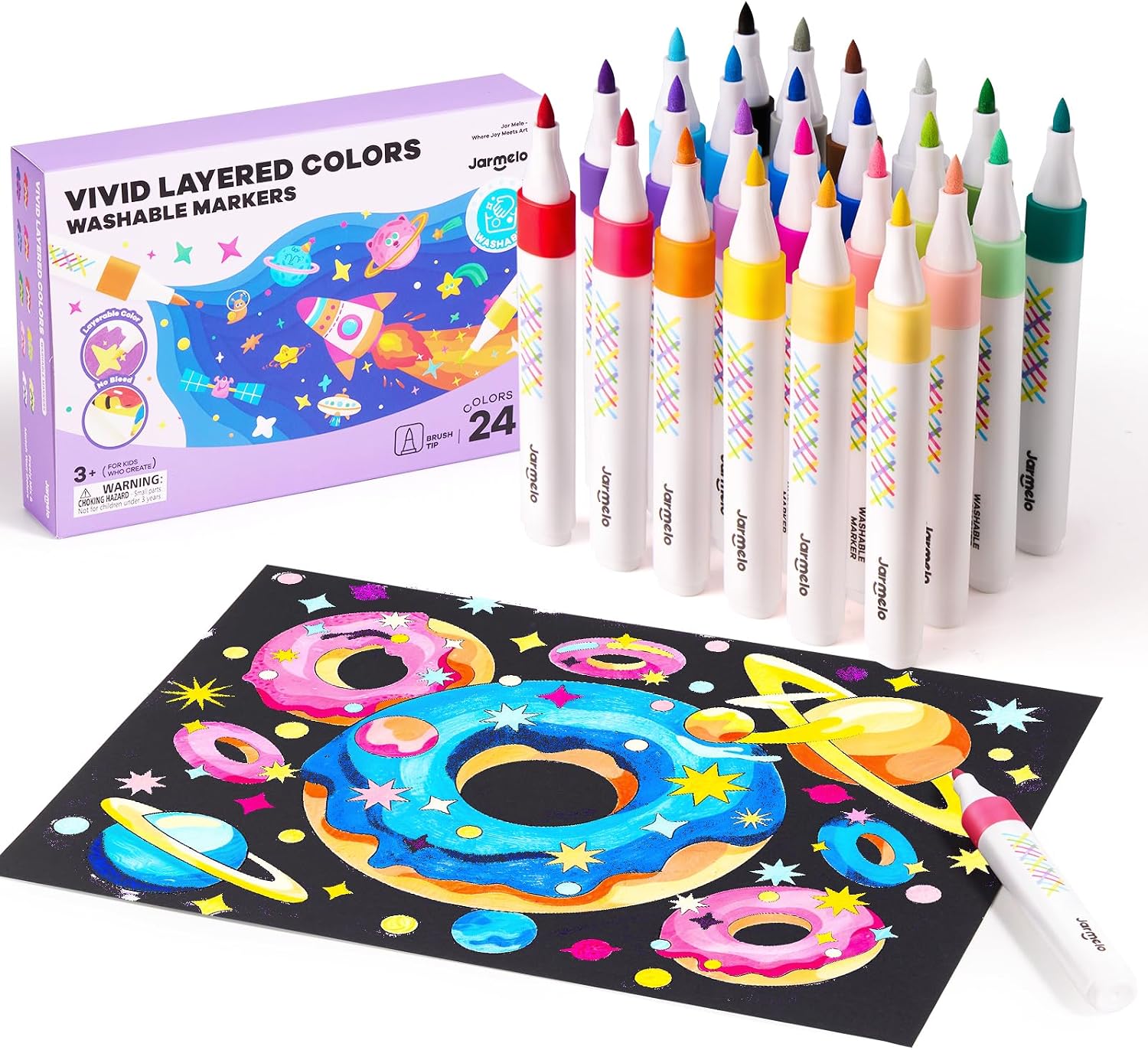 Jar Melo Super Washable Blendable Markers for Kids Age 4-8, 24 Colors | Water Based, Toddler Safe, Non-Toxic, Vibrant Colors, Coloring Art Supplies, Preschool Gift