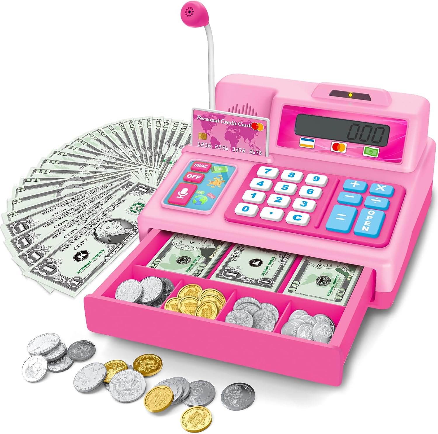 Bstoyder Calculator Cash Register Toy Gift for Kids Age 3, 4, 5, 6, 7, 8+ Year Old, 103 Pcs Grocery Store Playset with Microphone, Credit Card, Pink Cash Register Toy for Toddlers Kids 4-8