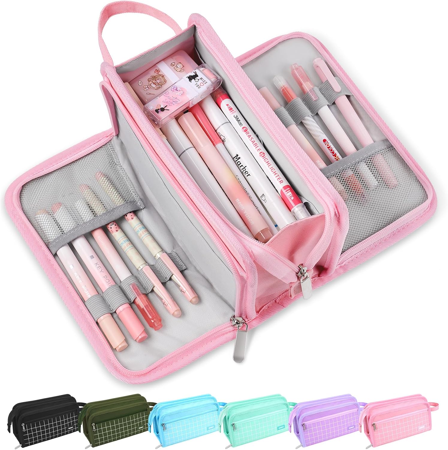 Sooez Large Pencil Case, Pencil Pouch, Pencil Bag, Pencil Box, Pink & Plaid | Ample Storage, Durable Canvas, Smooth Zippers, Portable Handle, Cute Stationery Organizer, Makeup Bag, School Supplies, Girls