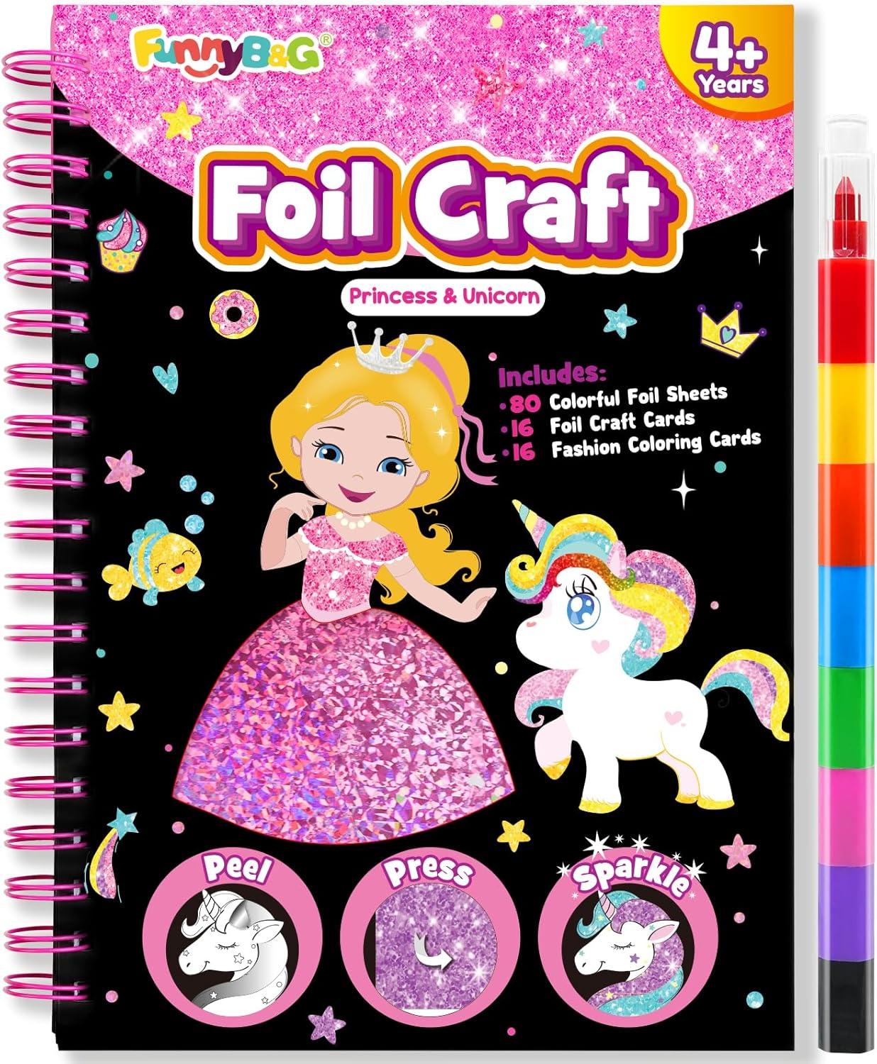 FUNNYB&G Foil Art Craft Kit for Kids, Sparkly Birthday Gift Toy for Girls | No Mess, Kids Ages 4-10 Create Sparkling Artwork, A Creative Gift for Birthdays, Holidays, Travel Activities,Screen-Free Fun