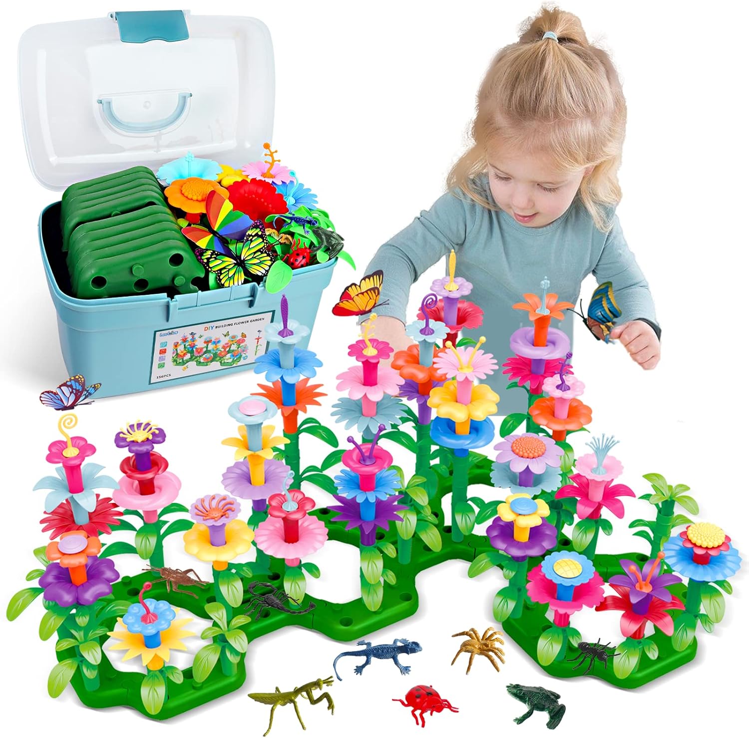 Birthday Toys Gifts for 2 3 4 5 6 Years Old Toddler Girls Boys, 156 PCS Insect Flower Garden Building Educational STEM Learning Pretend Play Gardening Set, Birthday Gifts for Preschool Kids Age 2+