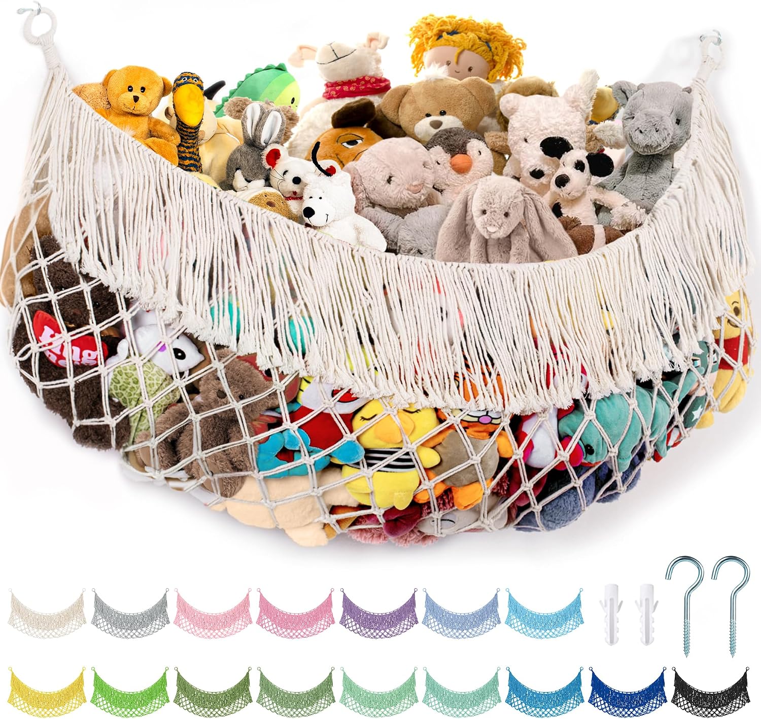 Stuffed Animal Hammock – Extra Large 56” Long (Cream White) | Premium Cotton Hand-knitted, Beautiful Long Tassel, Storage Hanging Organizer, Can Fit Stuffed Animals 30 Piece or More