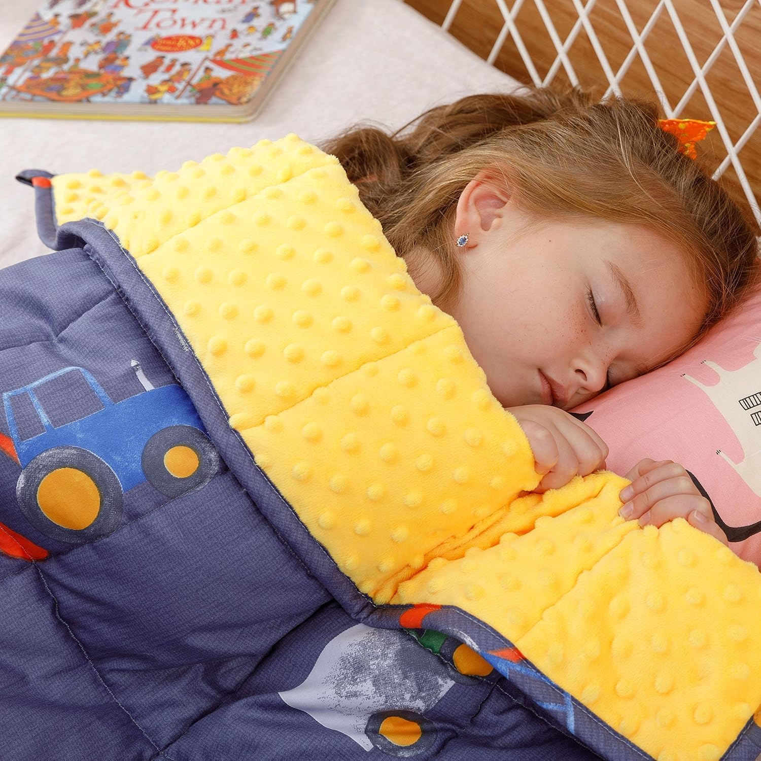 Uttermara Minky Weighted Blanket for Sleeping, 3lbs 36×48 inches | Soft Minky Dots; Cozy Cotton Cartoon Patterns Reversable; Machine Washable; Heavy Throw for Calming; Blue Car World