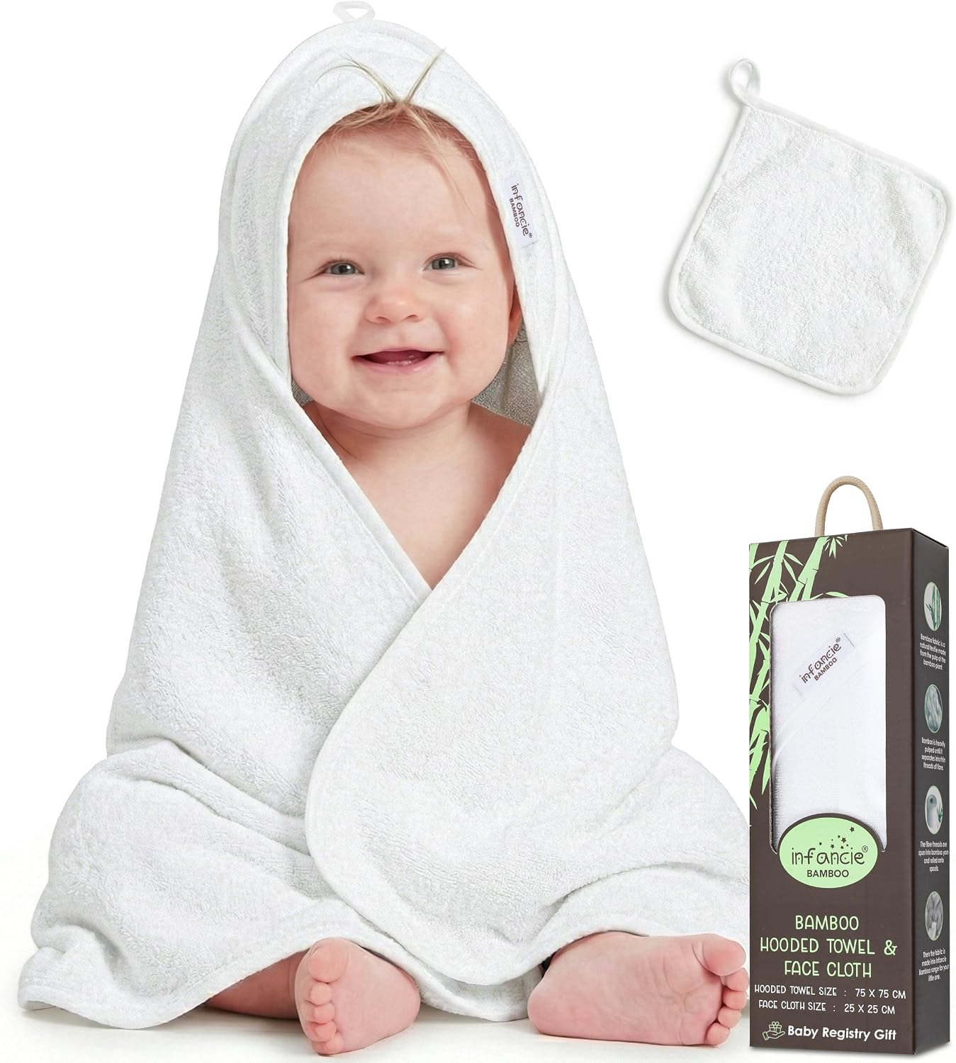 Bamboo Viscose 1 Hooded Baby Towels 30×30 in & 1 Washcloth Infant | Oeko-TEX Certified, Bath & Hooded Towels,30×30 Inch In Baby Washcloths, Baby Wash Cloths 10×10 In, White, Unisex Design,