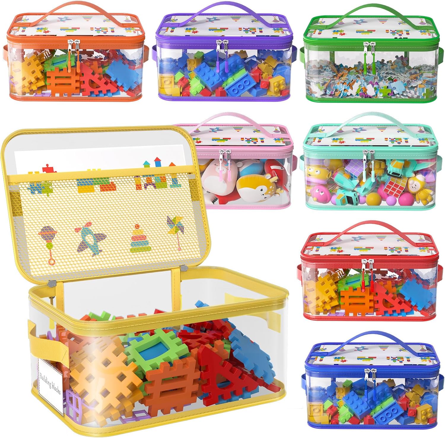 8 Packs Large Clear Toy Storage Bags with Double Zipper & Handles, L | Name Tag, Manual Pocket, Transparent PVC, Waterproof Dustproof, Space-saving, Portability for Building Blocks, Puzzle, Travel