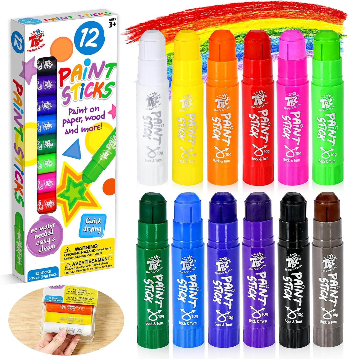 TBC The Best Crafts Paint Sticks for Kids Ages 2-8, 12 Classic Colors | Washable, Non-toxic, Tempera Paint Sticks for Crafts, Art Supplies, and Birthday Gifts