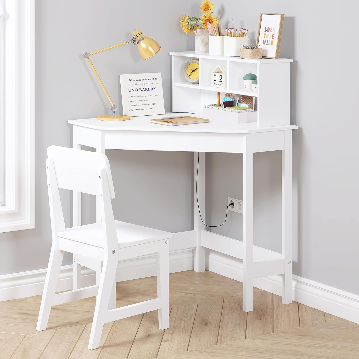UTEX Wooden Kids Corner Desk and Chair Set with Hutch for Ages 3-8 | Kids Study Table with Cork Bulletin Board, School Desk, Multi-Zone Storage, Water-based Paint Finish for Kids Room