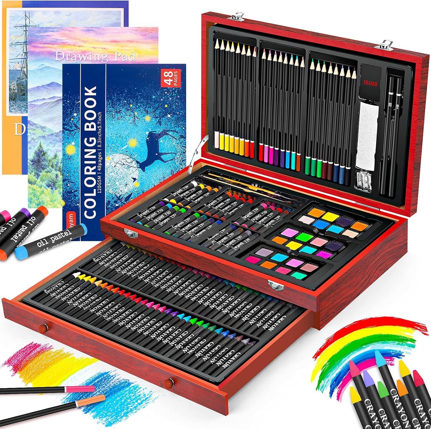 iBayam Art Supplies,150-Pack Deluxe Art Set Crafts Drawing Painting Kit | 2 -Sketch Pads, 1-Coloring Book, Wooden Gift Box for Kids Adults Artist Beginners Teens Girls Boys 5 6 7 8 9 10 11 12