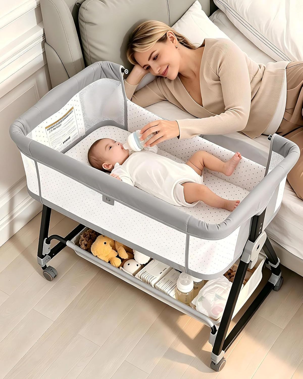 Baby Bassinets Bedside Sleeper with Wheels and Mattress, Cosleeping Baby Bed with Storage, Co-Sleeper Bassinet Attach to Bed, Bed Side Crib with Breathable Mesh, Height Adjustable(Gray)