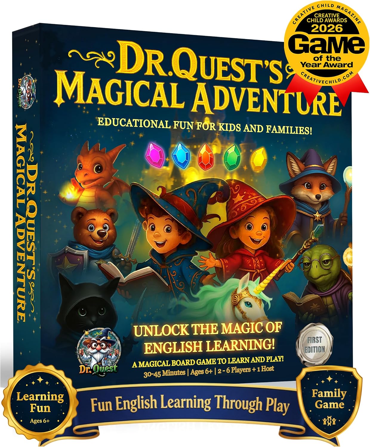 Dr. Quest’s Magical Adventure–Educational Board Game for Kids Ages 6-9 – Spelling & Grammar Learning Game for Early Elementary | 180 Questions | Screen-Free Homeschool & Family Game | 2-6 Players