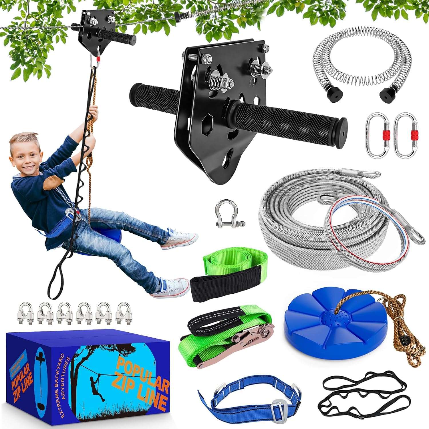 X XBEN Zip line Kit for Kids and Adults Outdoor: Up to 500Lbs – 80FT | Quick Tighten Zipline for Backyard with Removable Trolley Swing Seat Spring Brake Ratchet Strap, Gift Package