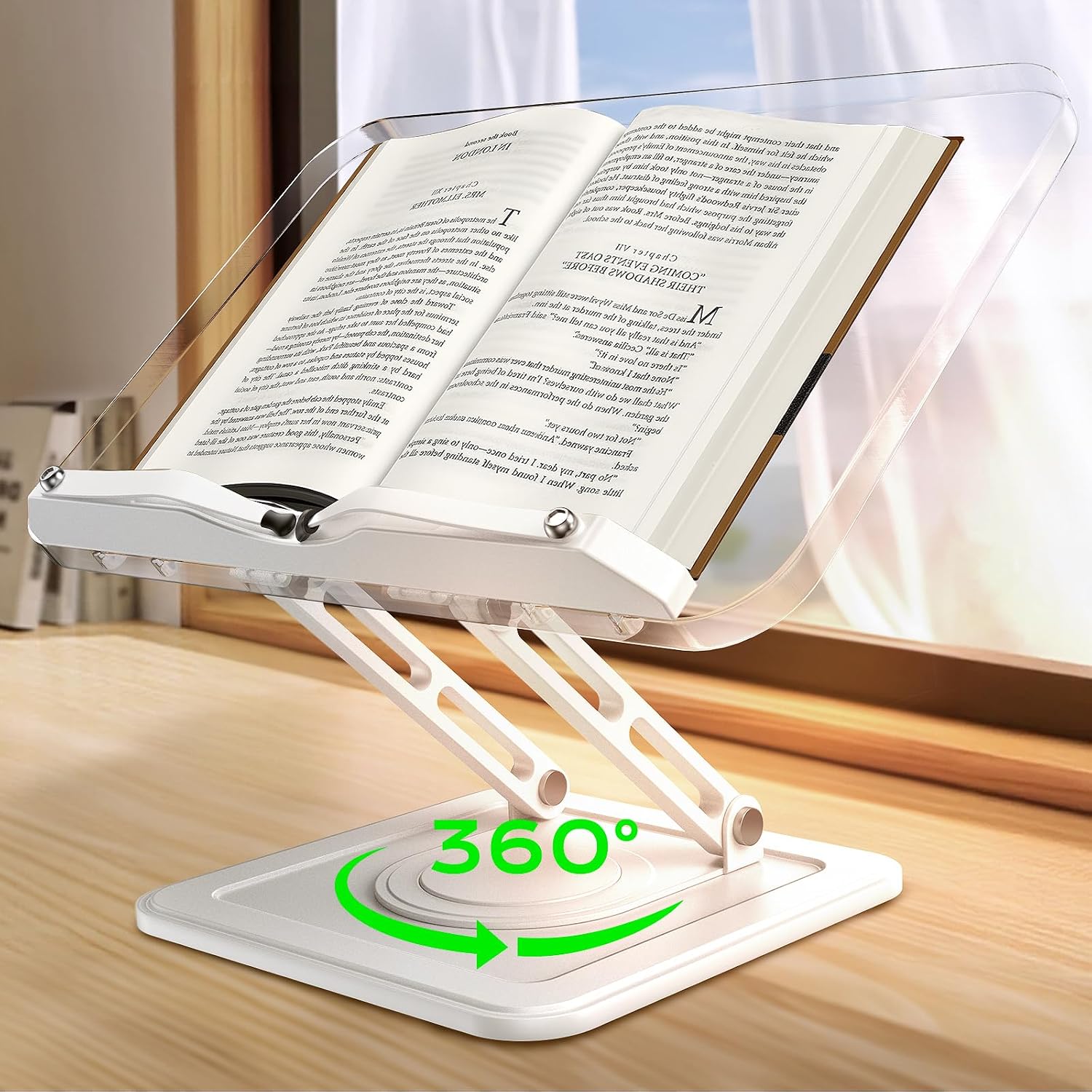 LOXP Ergonomic Book Stand for Reading, 360° Rotating Holder with Page Clip | Adjustable height angle, Hands-free, anti-slip base, Fits tablets cookbooks magazines laptops, wood and metal, Acrylic White
