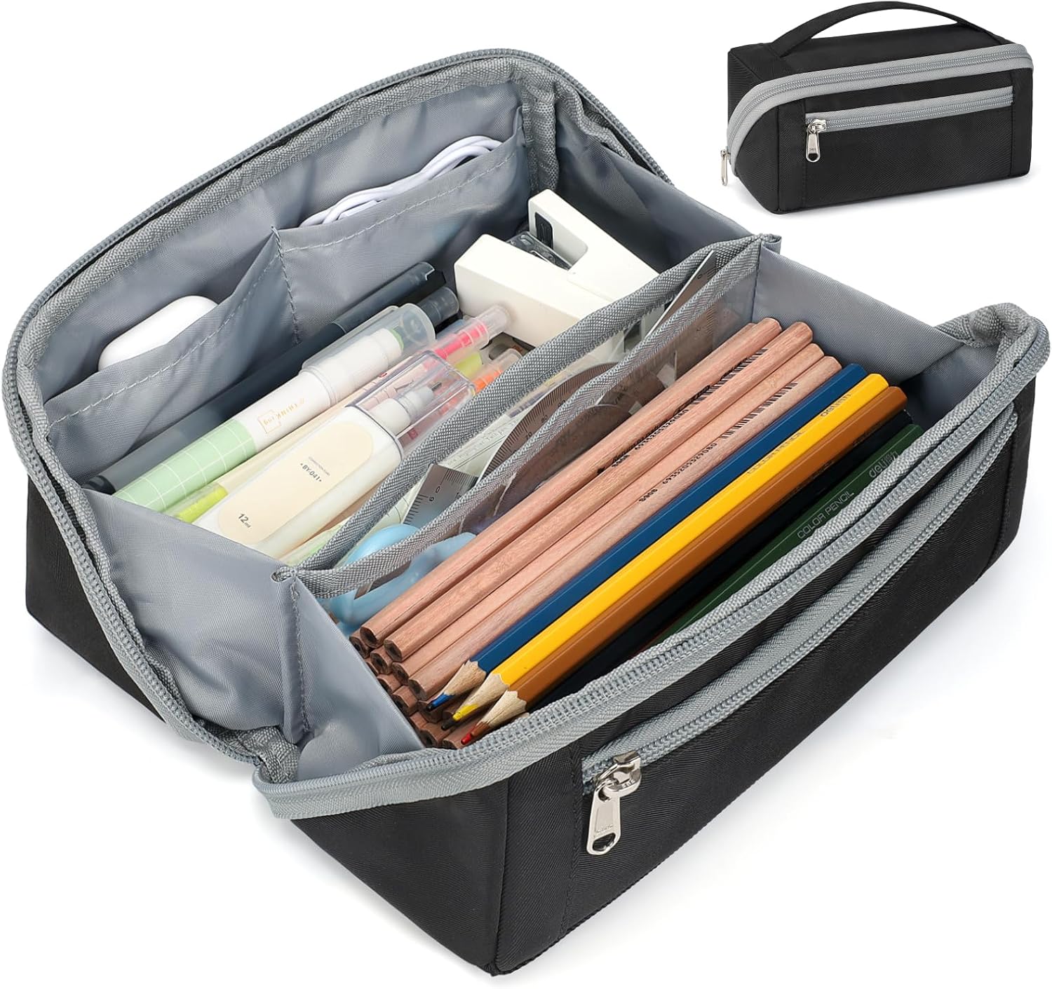 Large Capacity Pencil Case – Pencil Pouch for Teen Boys, Aesthetic Pouch Organizer with 8 Compartments, Wide Opening Marker Bag for Middle High School College, Fits Calculator, Black | Wide Open 8 Compartments, Flexible Dividers & Side Pockets, Handle, 900D Fabric, College Supplies for Teens, Black & Grey
