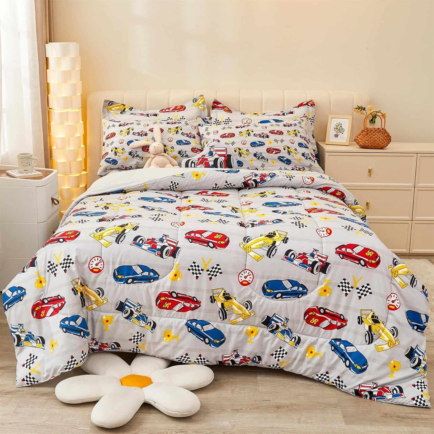 Twin Size Comforter Sets for Boys Kids, 6 Pieces Bed in a Bag Racing Car Bedding Comforter Sheet Set with Shams and Decorative Toy Pillow, Ultral Soft Microfiber Kids Bed Set