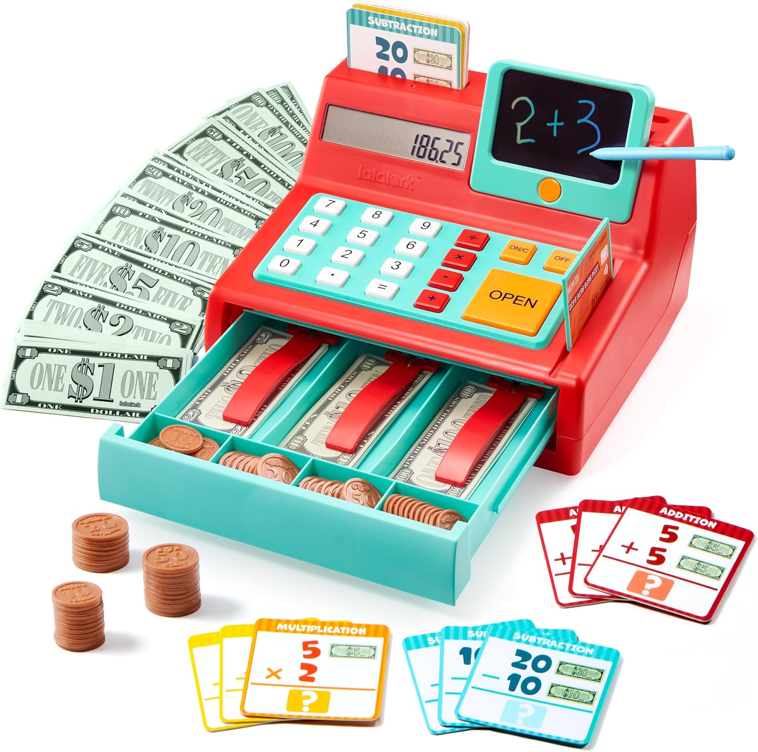 Cash Register Toy for Kids – Detachable Write & Erase Pad, Play Money, Credit Card, Grocery Store Playset, Preschool Activities, Educational Learning Toy, Birthday Gift