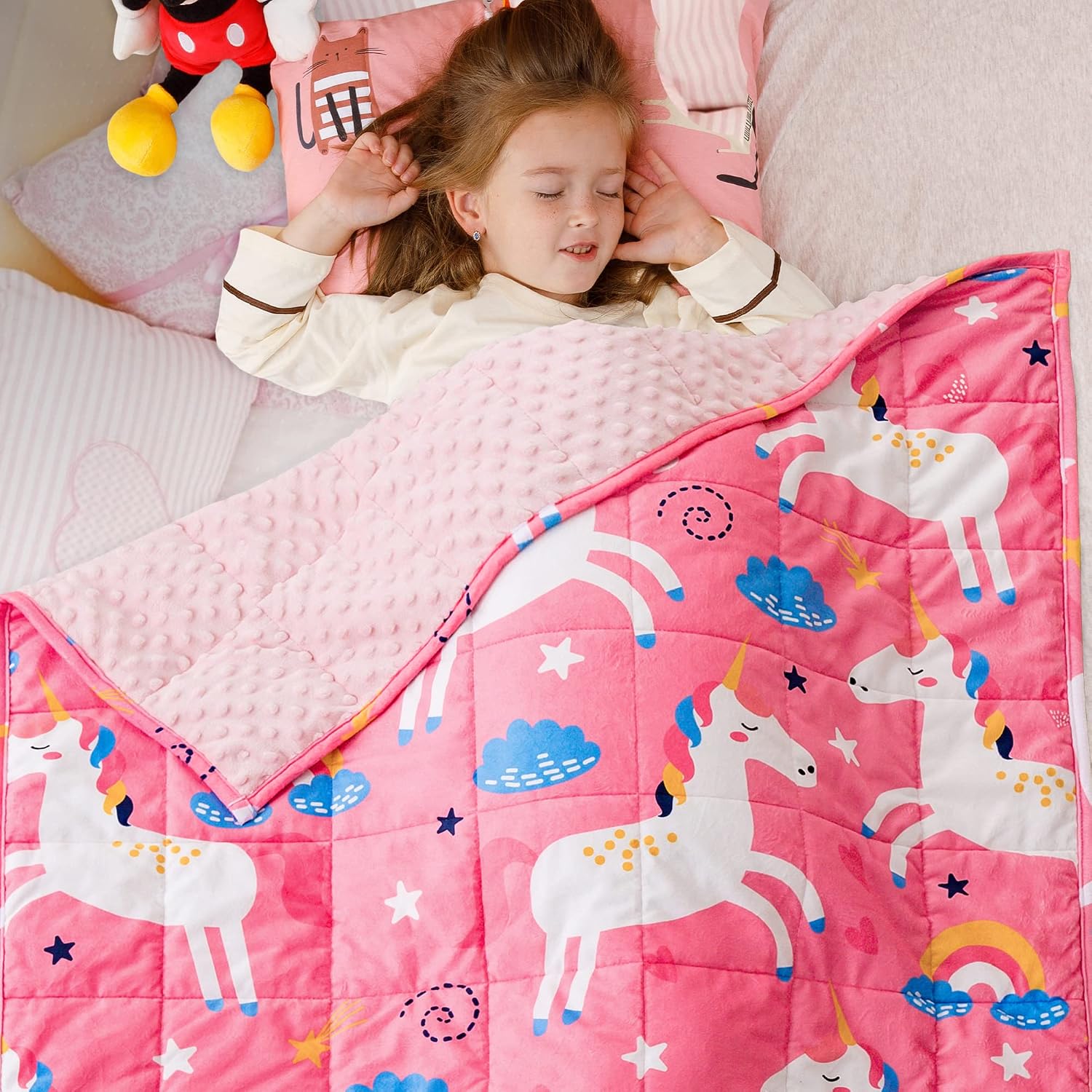 Sivio Weighted Blanket for Sleeping, 3 lbs 36×48 Inch | Soft Minky Dots; Cozy Warm Velvet Reversable; Cartoon Patterns; Machine Washable; Heavy Throw for Calming; Pink Unicorn