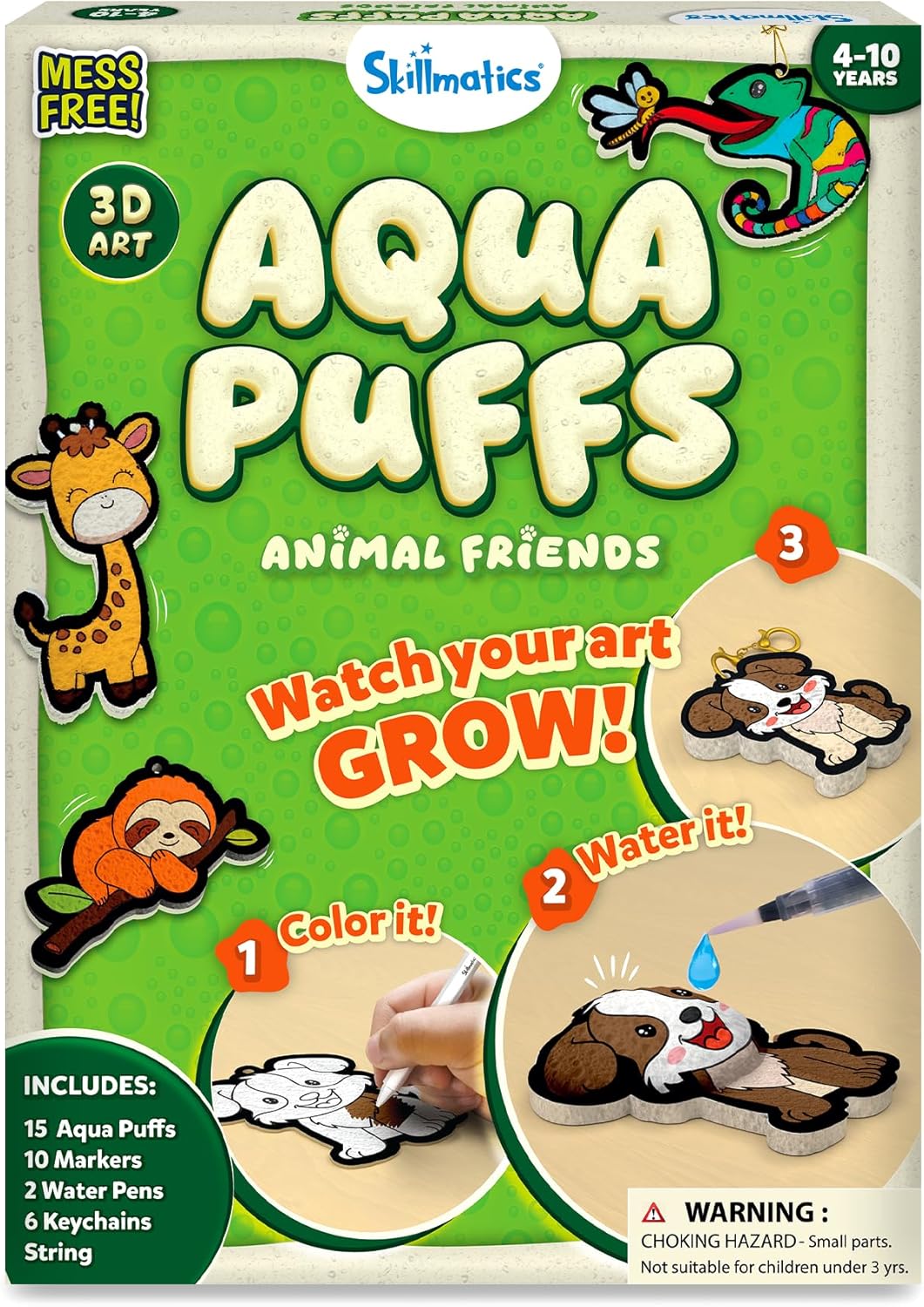 Skillmatics Aqua Puffs Animals, Art & Craft, Paint by Number, Gift for Kids | DIY Puffy Keychains, Screen-Free, Mess-Free Activity, Travel & Creative Kit for Girls & Boys Ages 4, 5, 6, 7, 8, 9, 10