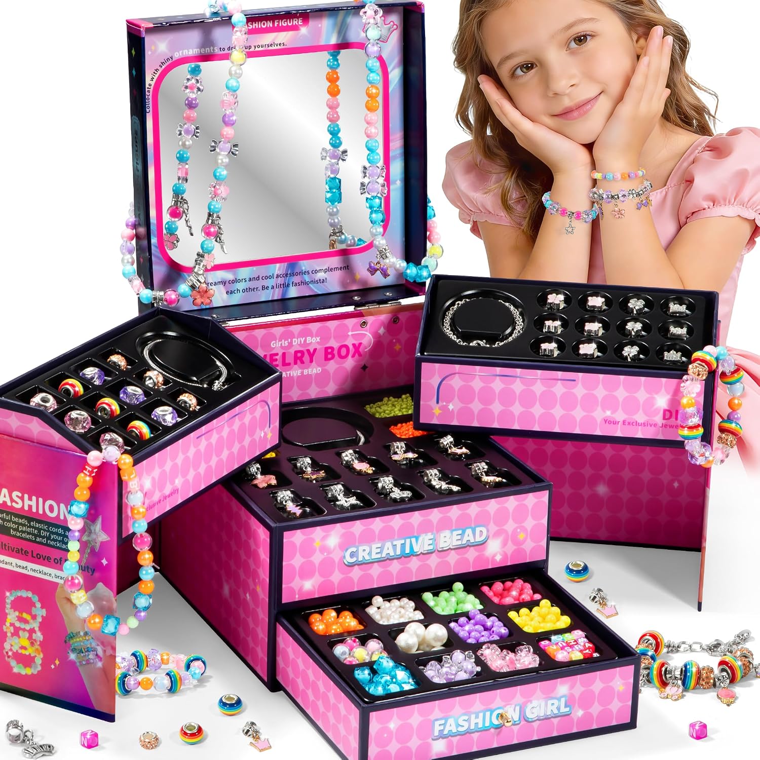 WOANZZ Charm Bracelet Making Kit, DIY Jewelry Making Kits for Girls 8-12, Jewelry Box with Beads Necklace Kit Crafts Birthday Gift for 6 7 8 10 11 12 Year Old Girl, Pink