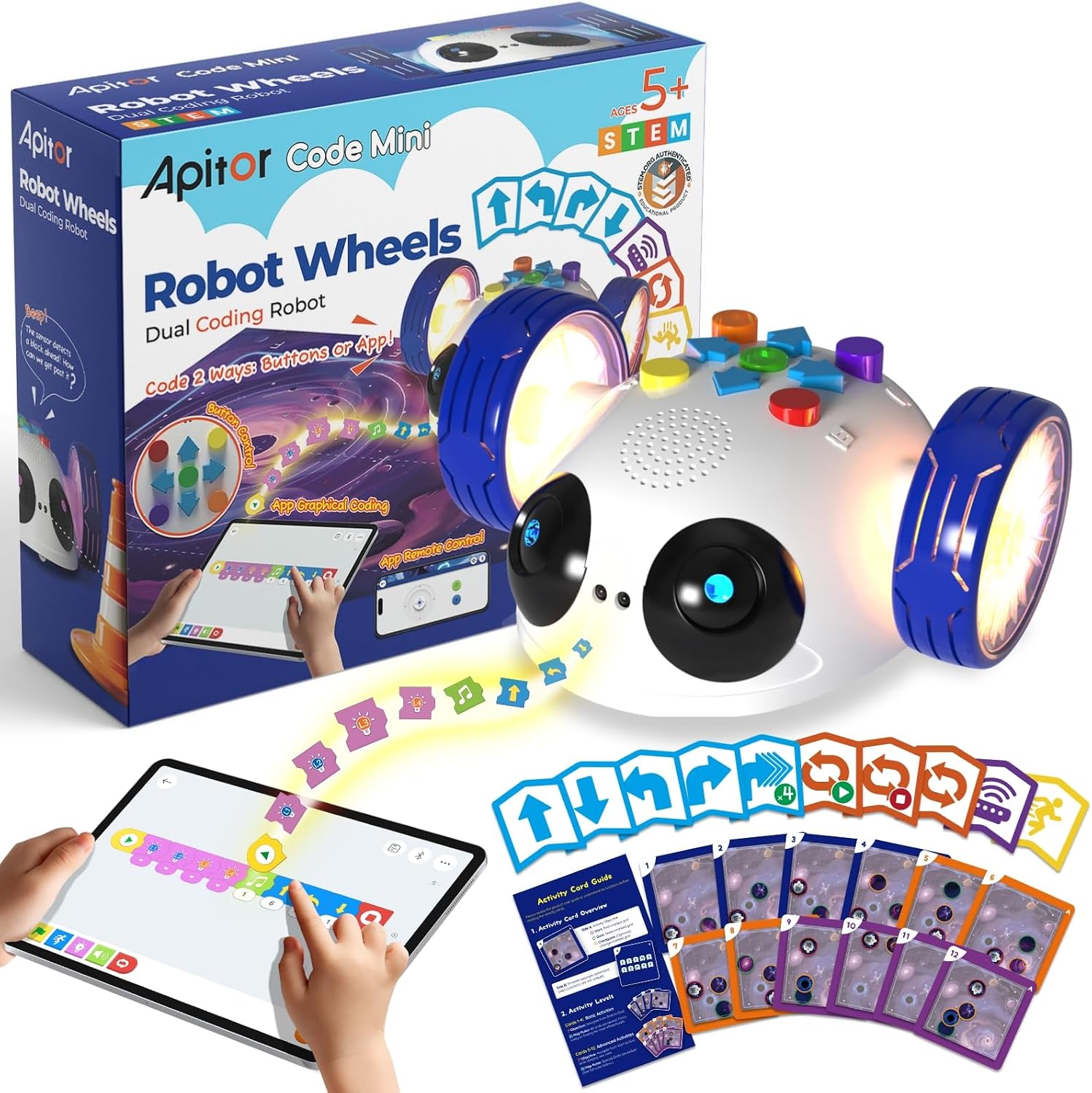 Robot Wheels STEM Learning Kit Coding Robot for Kids Ages 5-8 | Screen-Free & App Coding, Build Computational Thinking for K-2, Classroom & Family STEM Learning, Educational Toys