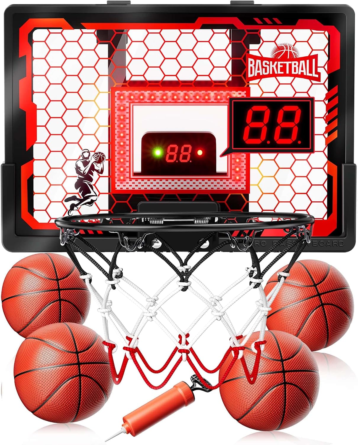 Indoor Basketball Hoop Pro for Kids, Over The Door Basketball Hoop Indoor with LED Light/Scoreboard/4 Balls- Upgraded Anti-Impact Backboard, Basketball Toys Gifts for 6 7 8 9 10 11 12 Year Old Boys