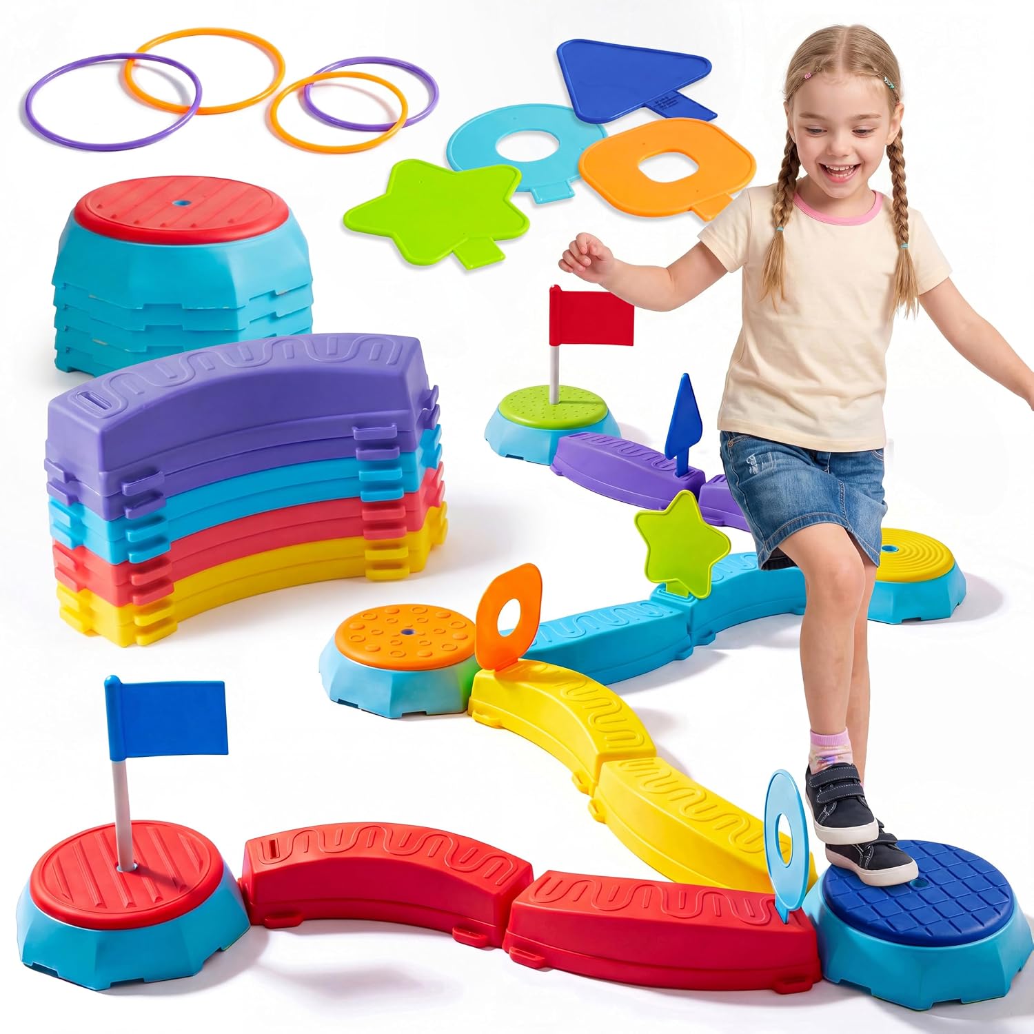 JOVA Plat-Act 4-in-1 Balance Beam & Stepping Stones for Kids Ages 3+, Obstacle Course Toy with Ring Toss & Flag Game, Non-Slip & Easy to Store & Clean, Indoor Outdoor Balance Play for Kids