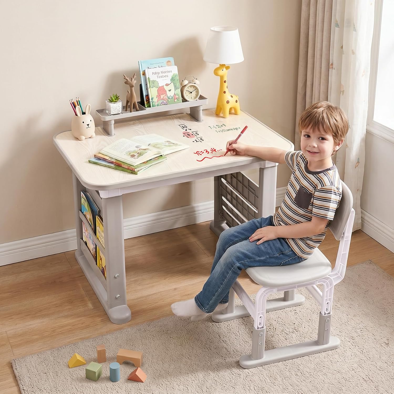 DOREROOM Kids Desk & Chair Set, Height Adjustable, Graffiti Desktop, Grey | Book & Removable Storage, Children School Study Table for Ages 3-12, Art Table with Washable Drawing Surface for Classroom