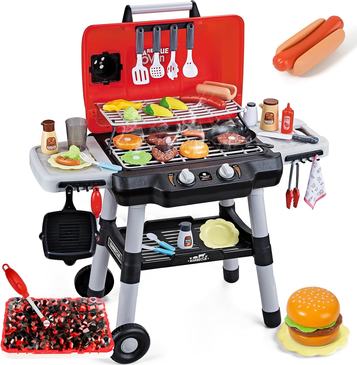Shemira Kids Play Kitchen Toys, Kids BBQ Grill Playset, Play Grill Toys | 2-Layer Barbecue Toy with Wheel Smoke Sound Light, Outdoor Toys for Toddlers 3-5, Play Food Toys Cooking Set, Birthday Gift