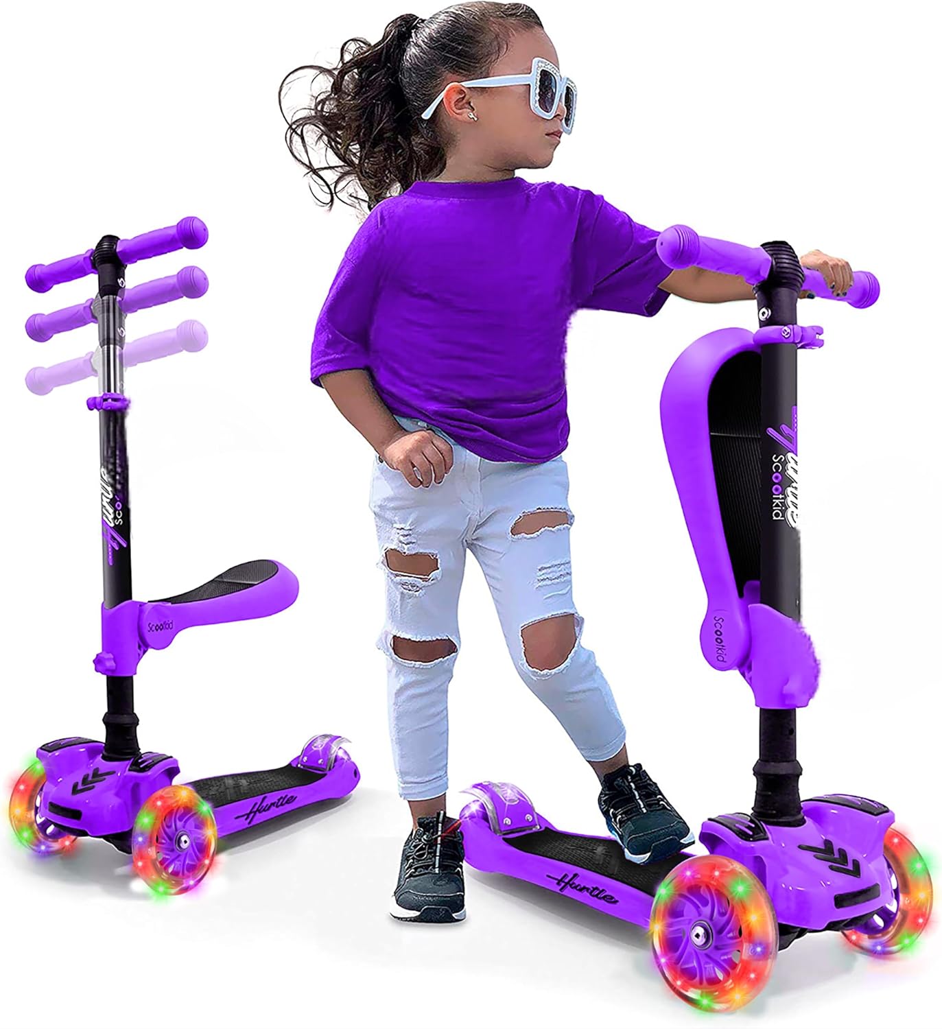 Hurtle 3-Wheeled Scooter for Kids – Wheel LED Lights, Adjustable Lean-to-Steer Handlebar, and Foldable Seat – Sit or Stand Ride with Brake for Boys and Girls Ages 1-14 Years Old