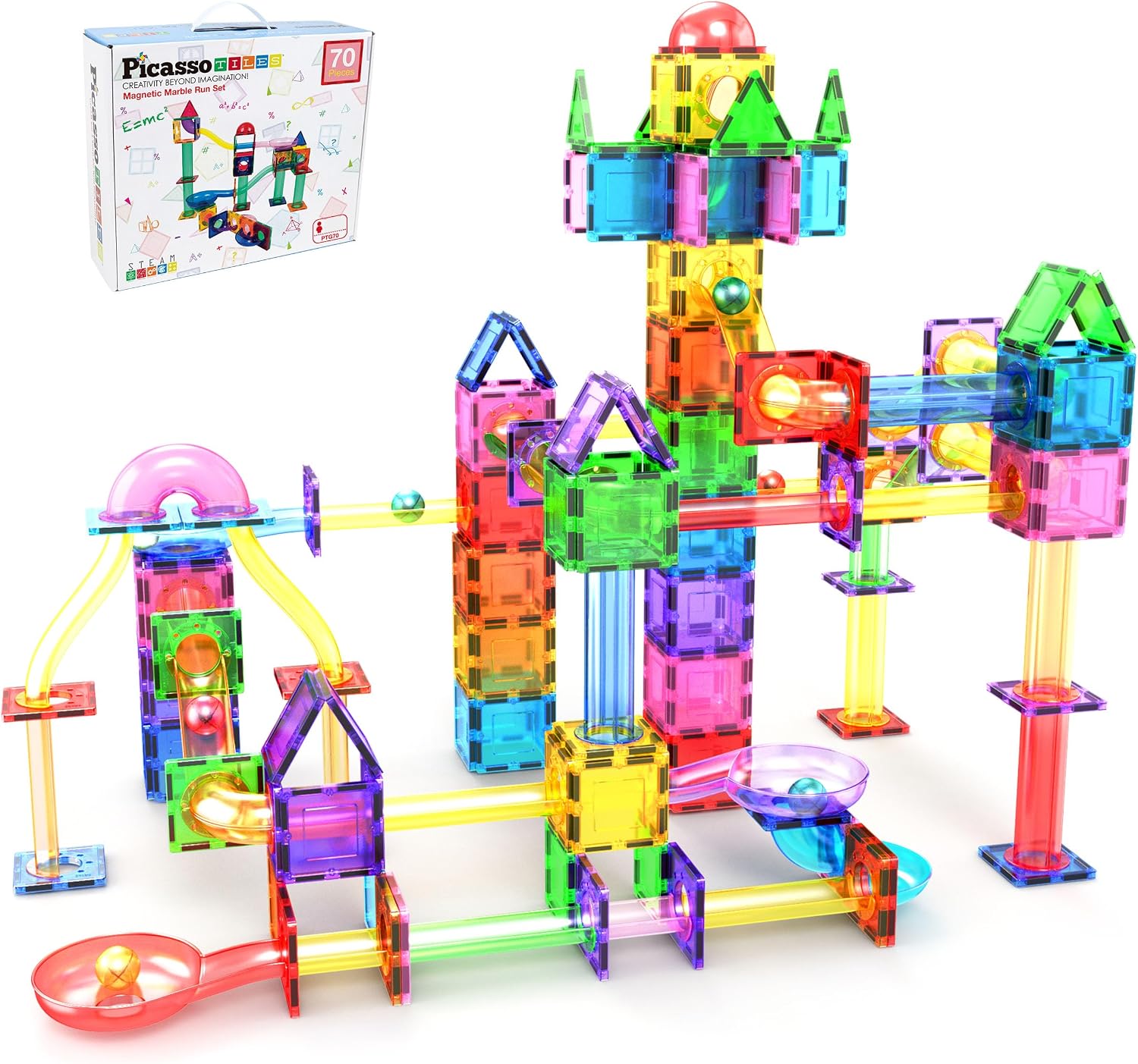 PicassoTiles 70 Piece Marble Run Magnetic Tiles Race Track STEM Ages 3+ | 8 quarter-round turns, 10 long slides, 4 U-turns, 2 funnels & 2 slopes, 4 weighted balls, BPA-free, fine motor & spatial play