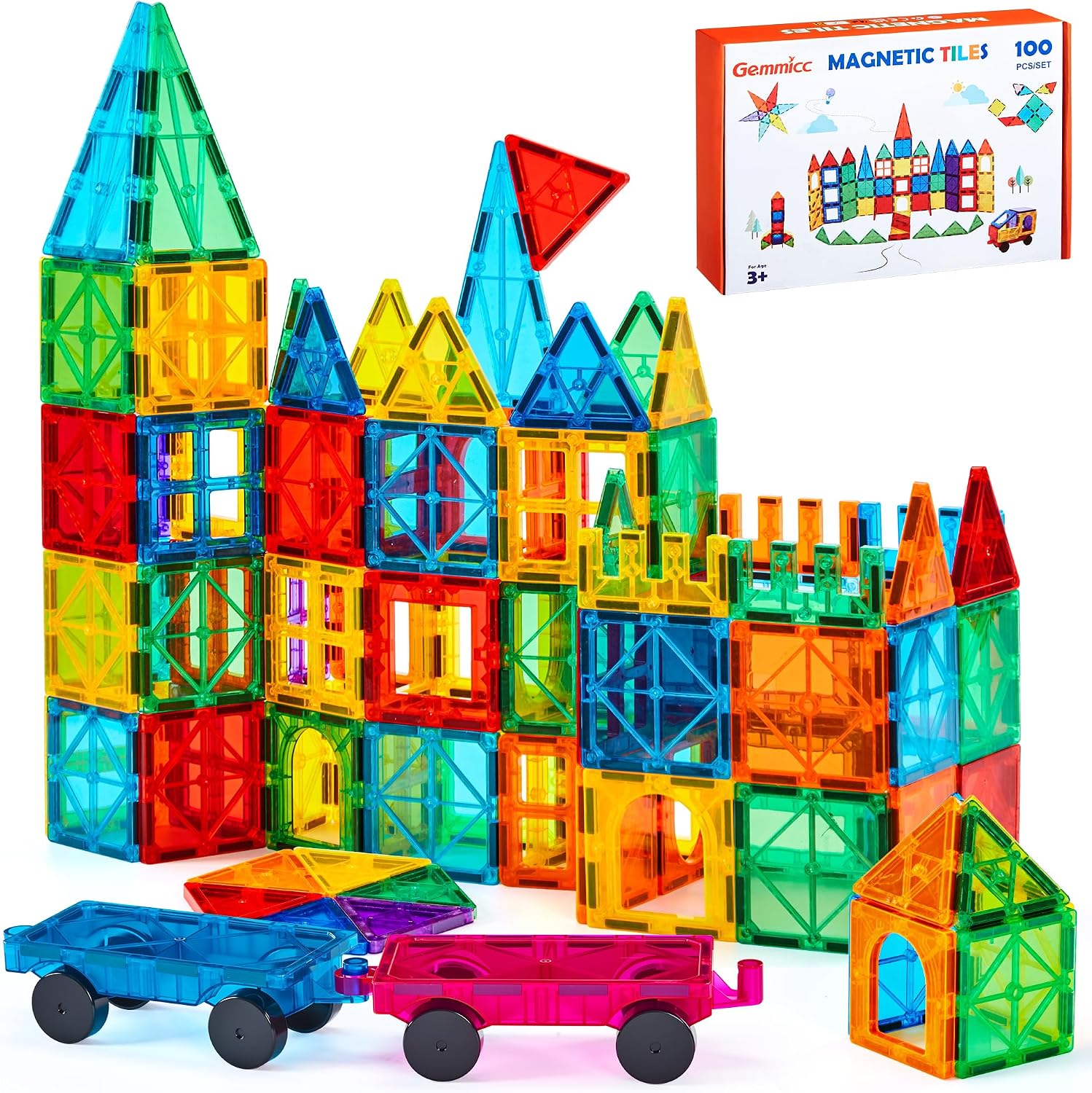 Gemmicc 100 PCS Magnetic Tiles with 2 Cars, STEM Approved Educational Magnet BuildingToys, Magnet Puzzles Stacking Blocks for Boys Girls