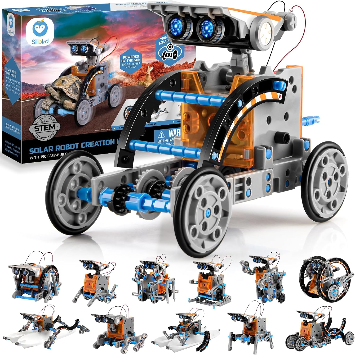 Sillbird 12-in-1 Solar Robot Building Kit STEM Gift for Boys Ages 8-13 | Powered by the Sun, Engineering Skills, DIY Educational Kit, Birthday Presents for Kids, Buildable Learning Set, 190 Pieces