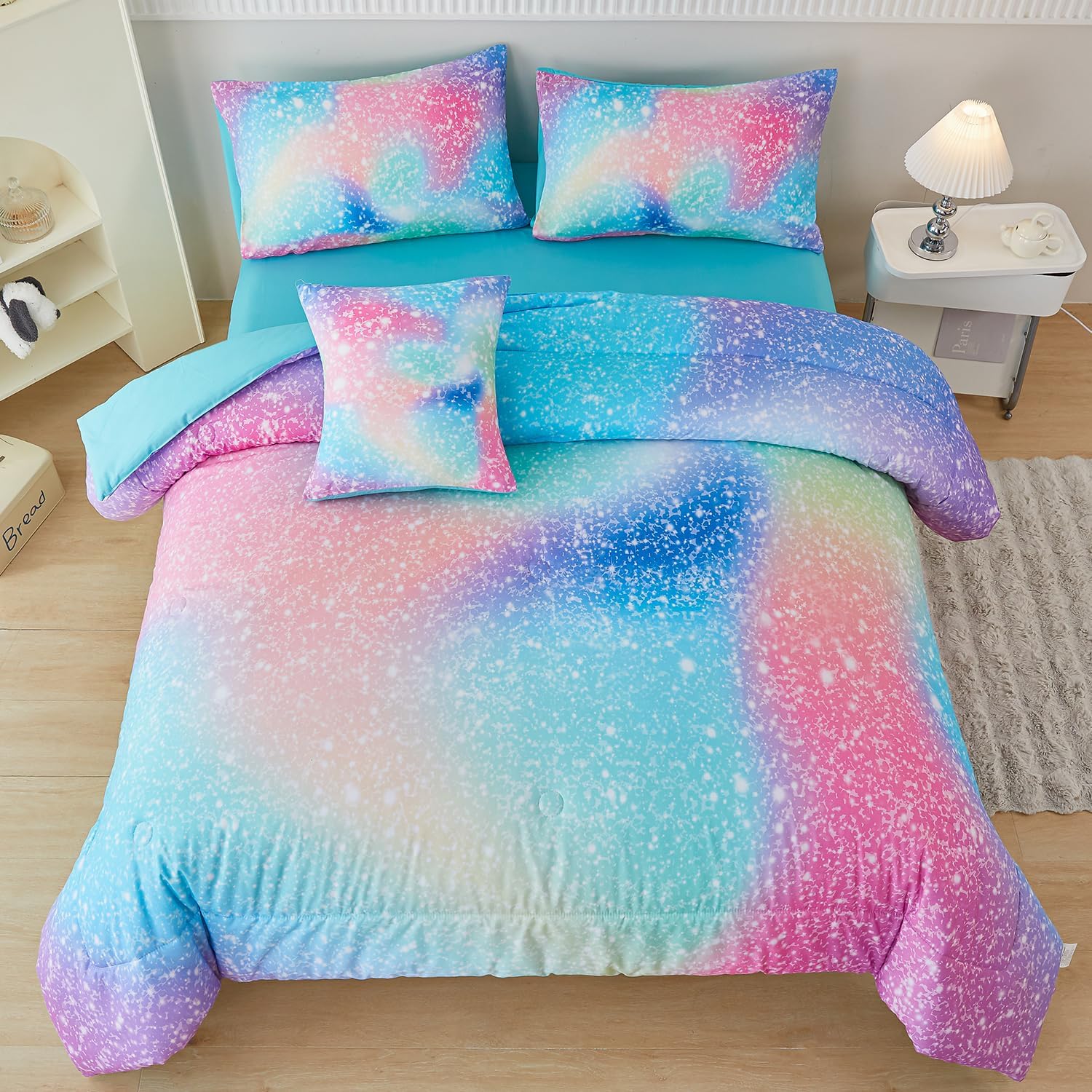 Pink Green Girls Twin Comforter Set | 6 Pieces, Colorful Rainbow Kids Bedding Sets, Tie Dye Ombre Glitter Bed in A Bag, Twin Comforter Set with Sheets