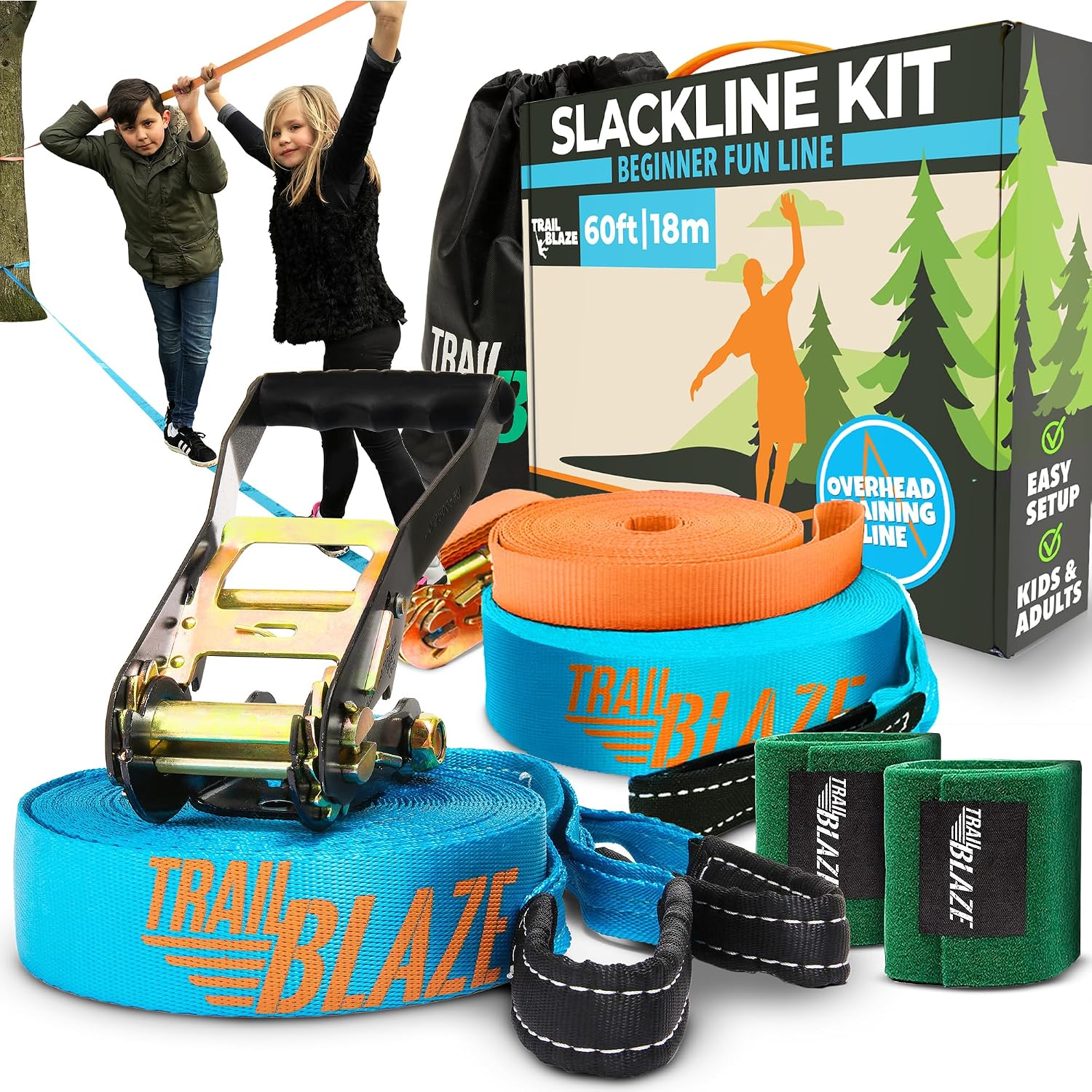 Complete Slackline Kit for Kids & Adults – 60ft Ninja Line (Blue) | Adds Overhead Arm Training Line – 300 lb Capacity, 3 Year Warranty