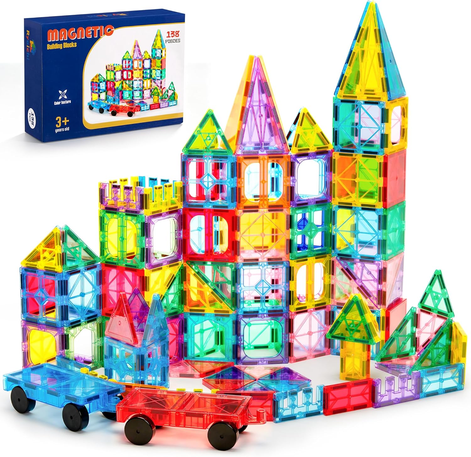 Ryoichi 138PCS Magnetic Tiles Set with 2 Cars for Kids Ages 3-9+ Years | STEM Educational Construction Building Blocks & Montessori Learning Toys