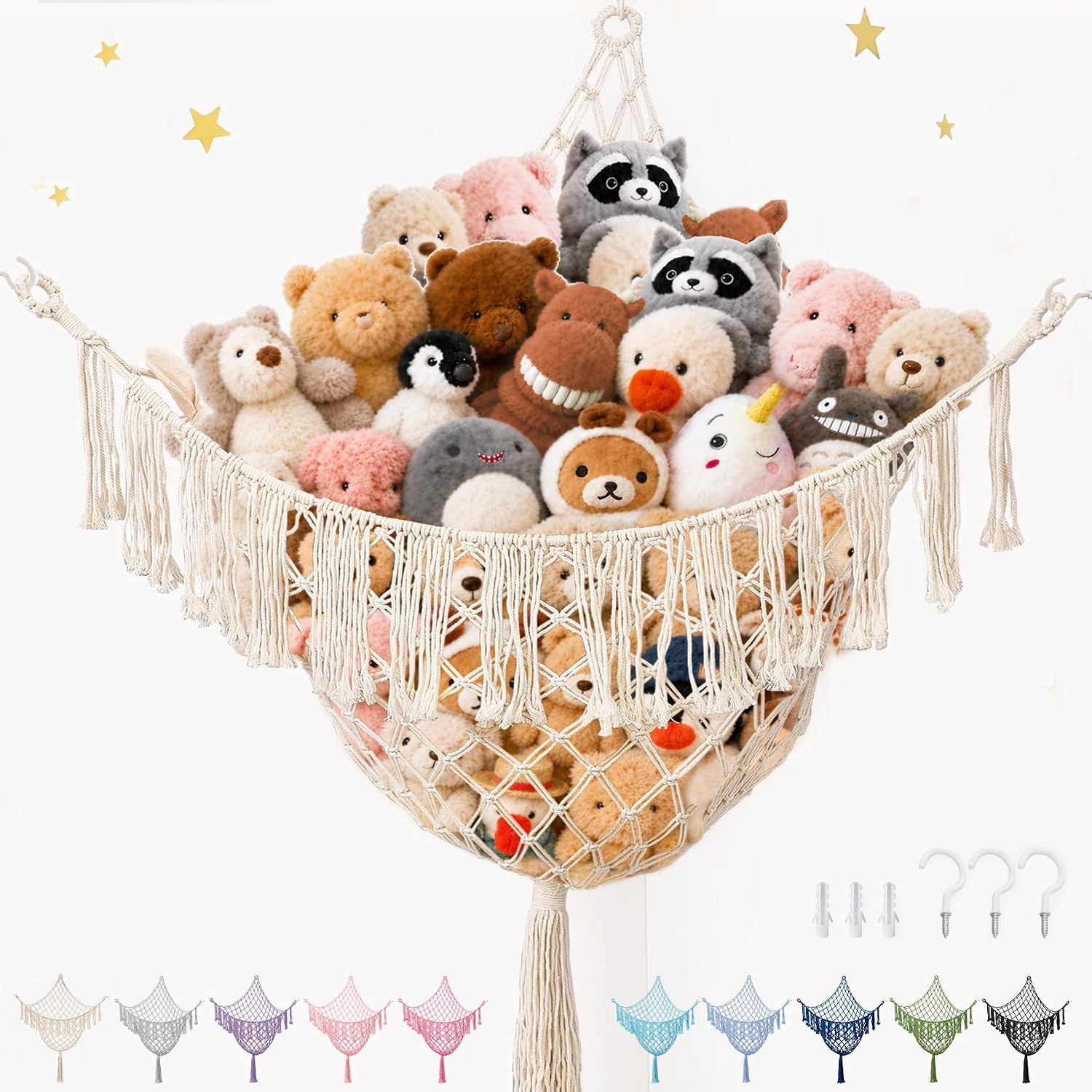 Lare Stuffed Animal Storage Hammock Corner Net – 45″ W x 45″ H(Cream White) | Cotton Boho Plushie Net – Room Christmas Decor for Teen Girls, Nursery Bedroom Playroom Dorm Decor (Patent Protected)