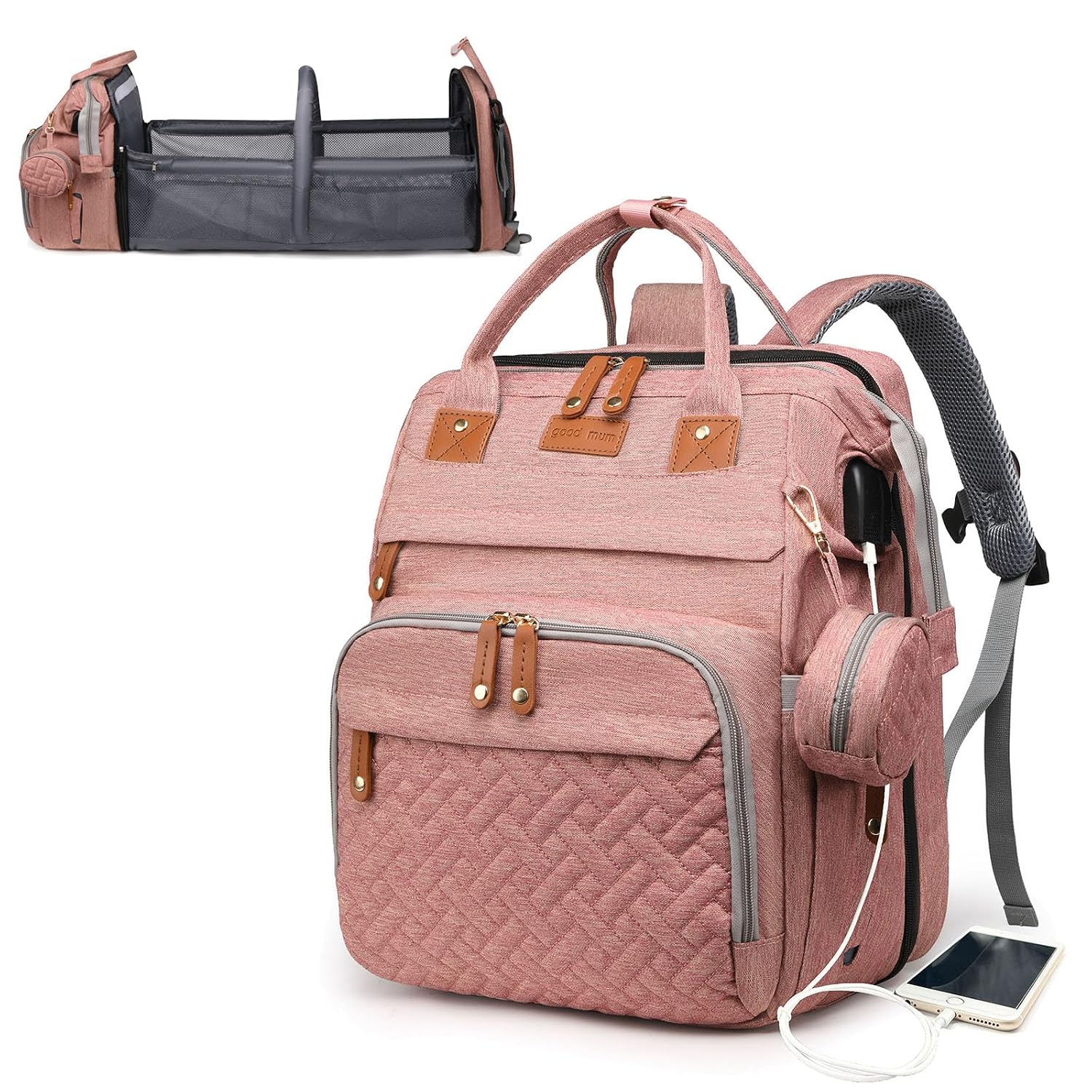 Baby Diaper Bag with Changing Station, Waterproof Diaper Bag Backpack for Moms Dads with USB Charging Port, Baby Shower Gifts, Baby essentials,Pink