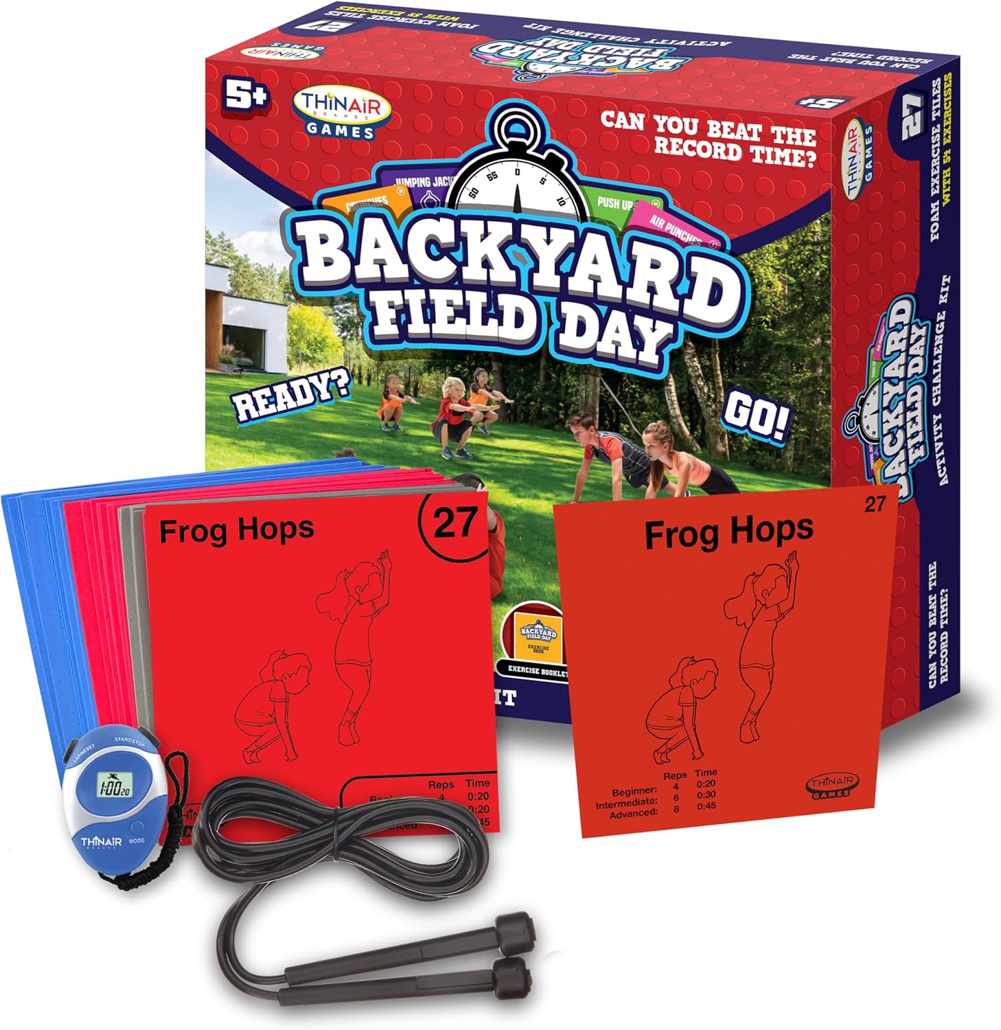 Backyard Field Day Obstacle Course Game – 27 Double-Sided Foam Challenge Tiles with 54 Kid-Friendly Exercises, Stopwatch, Jump Rope & Carry Bag – Outdoor Fitness Fun for Kids & Families