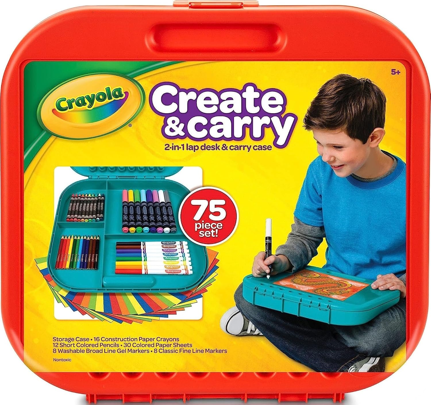Crayola Create ‘N Carry Travel Art Set for Kids (75pcs), 2-in-1 Lap Desk & Carrying Case, Essential Art Supplies Kit, Spring Crafting, Gift for Kids | Portable Art Set for Kids, Colored Pencils, Crayons, Markers, Drawing, Coloring, Crafting Gift for Boys & Girls, 5+