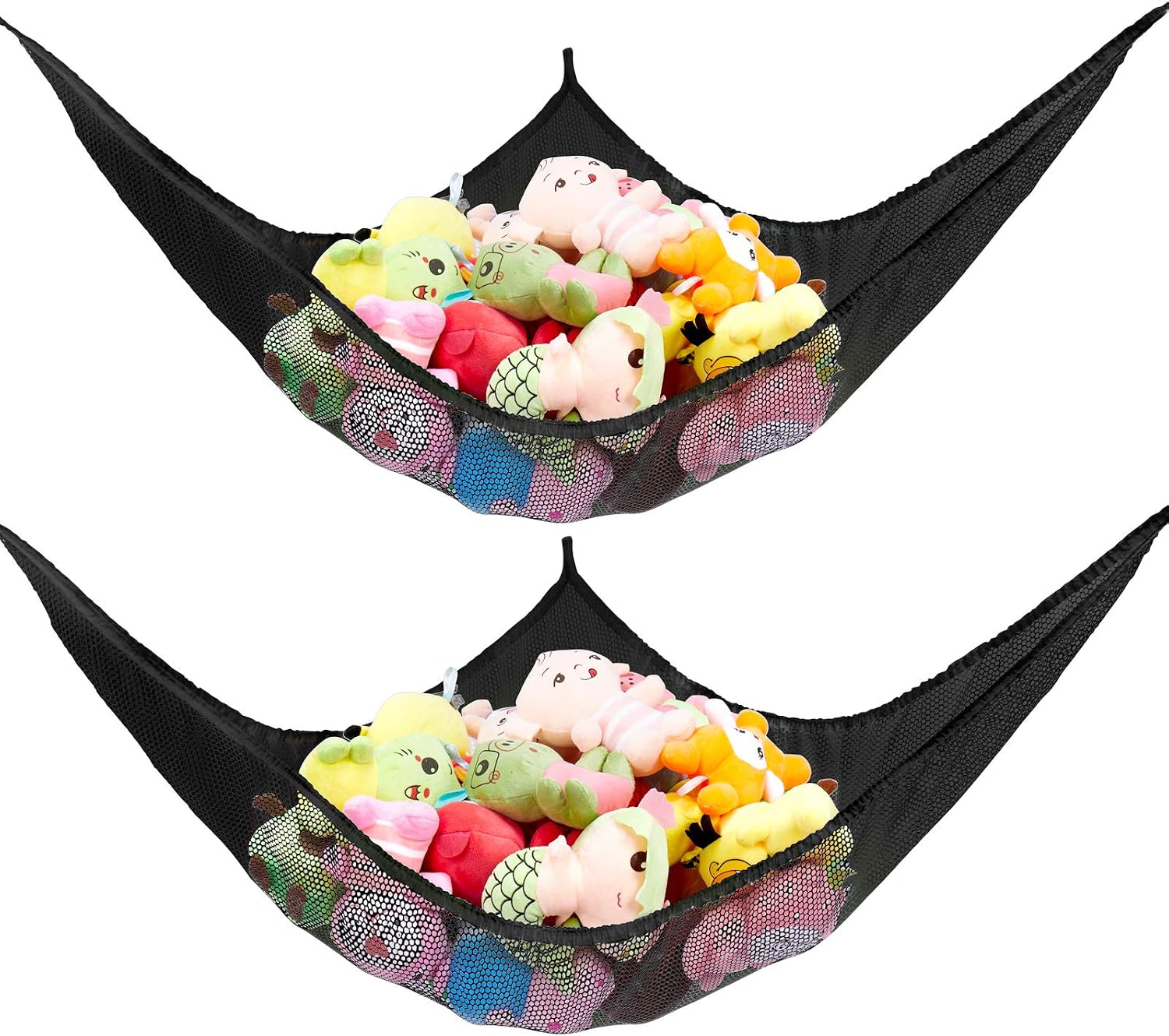 Stuffed Animal Net or Hammock, Stuffed Animal Net, Jumbo Toy Net Hammock for Stuffed Animals Wall Sling Corner Extra Large Kids Children Mesh Toy Net Organizer (Black 2 Pack, 70 inch)