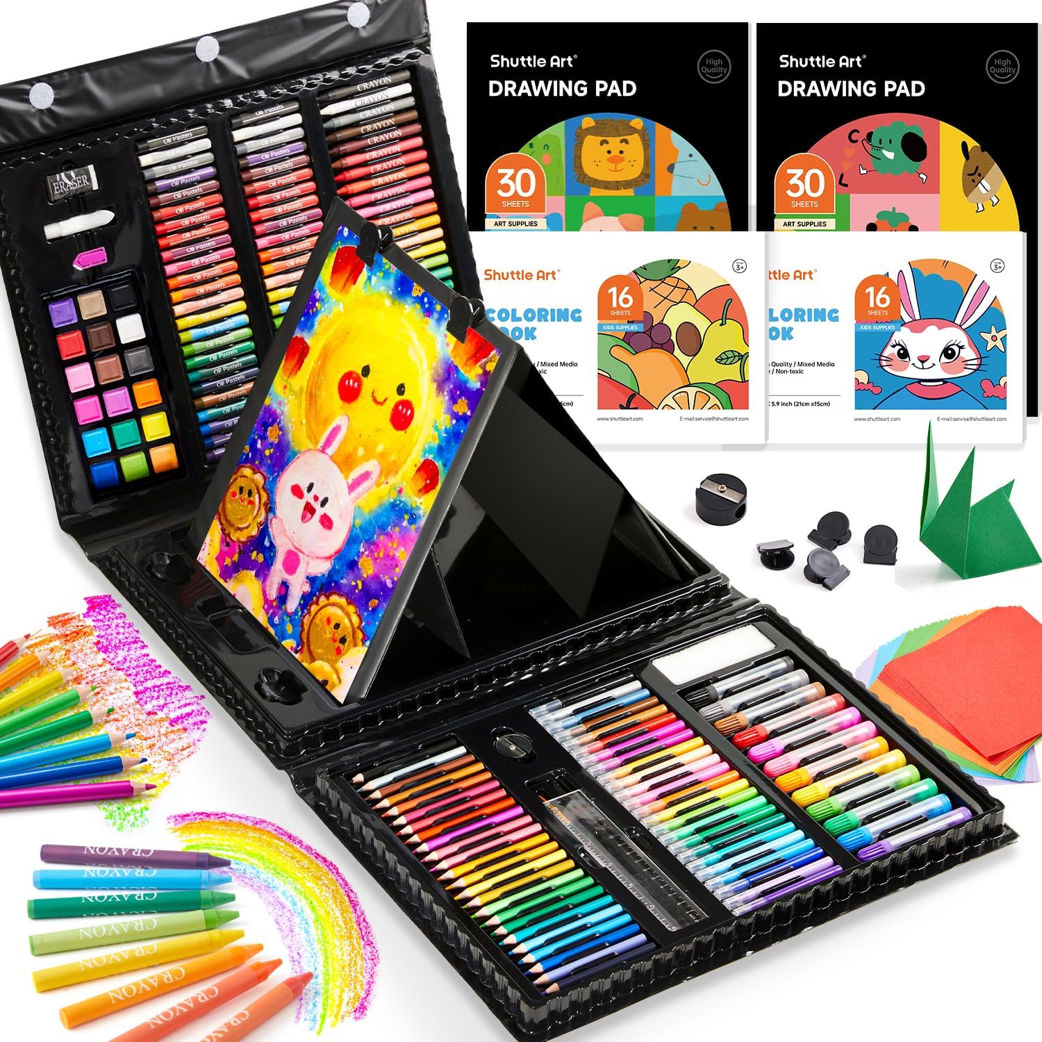 Shuttle Art 335 Piece Kids Art Set, Multi-Media Art Supplies, Gift Art Kit with Trifold Easel, 2 Drawing Pads, 2 Coloring Books, Oil Pastels, Crayons, Watercolors, Markers, Colored Pencils (Black)