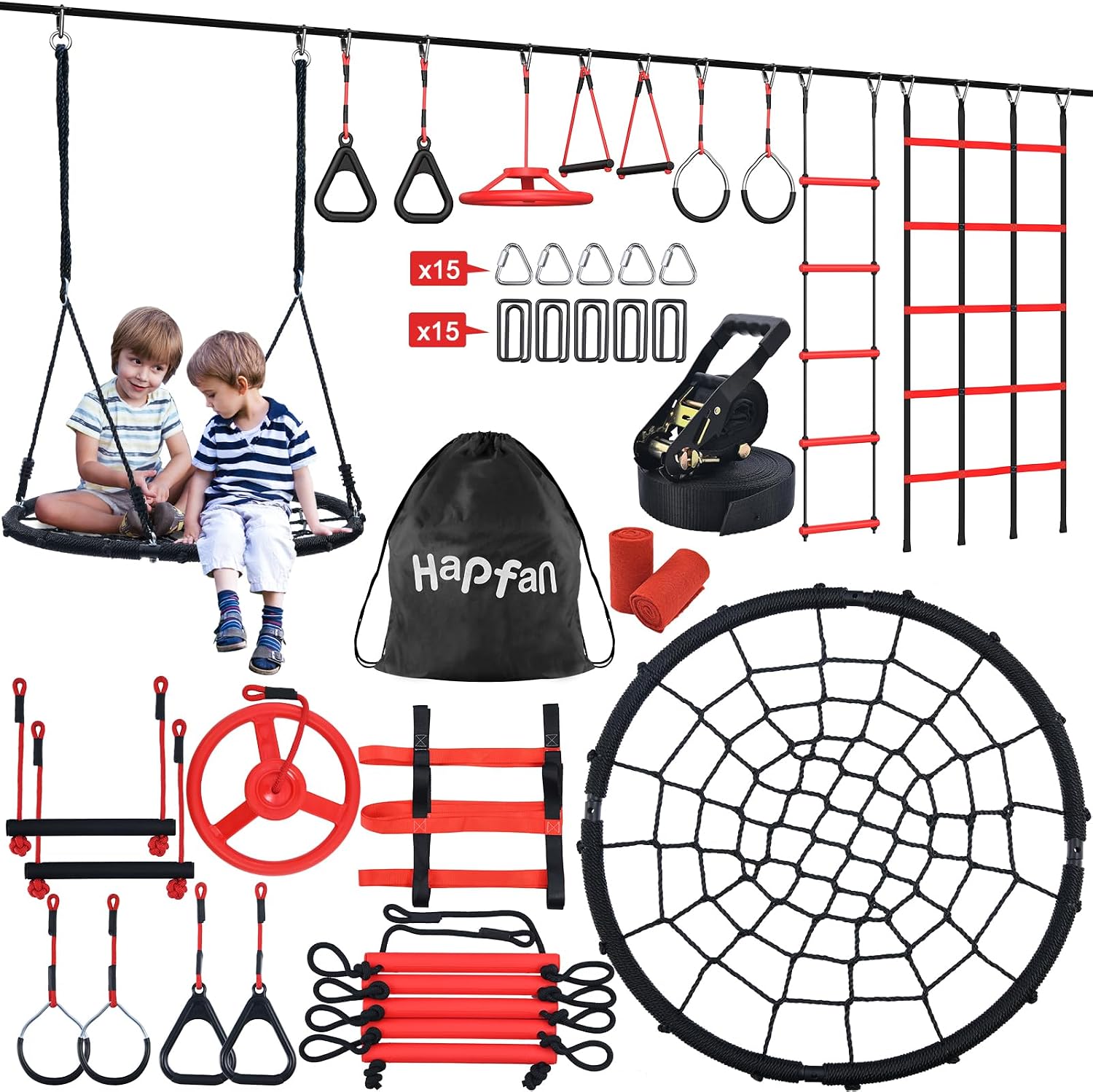 50 ft Ninja Warrior Obstacle Course for Kids with Spider Tree Swing | Slackline Swing Set Jungle Gym Between Trees – Adjustable, Weatherproof Obstacles, 880lbs Capacity