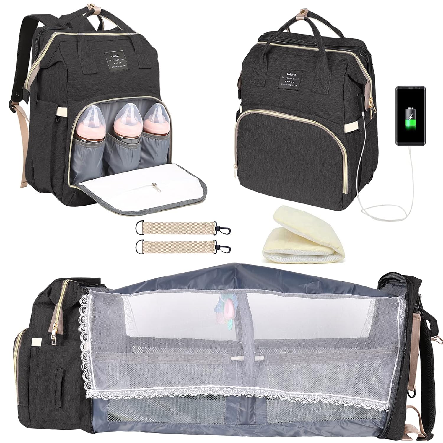 Baby Diaper Bag Backpack with Changing Station | Baby Registry Search Shower Gifts, Baby Bags for Boy Girl, New Mom Gifts for Women, Large Capacity, USB Port, Black