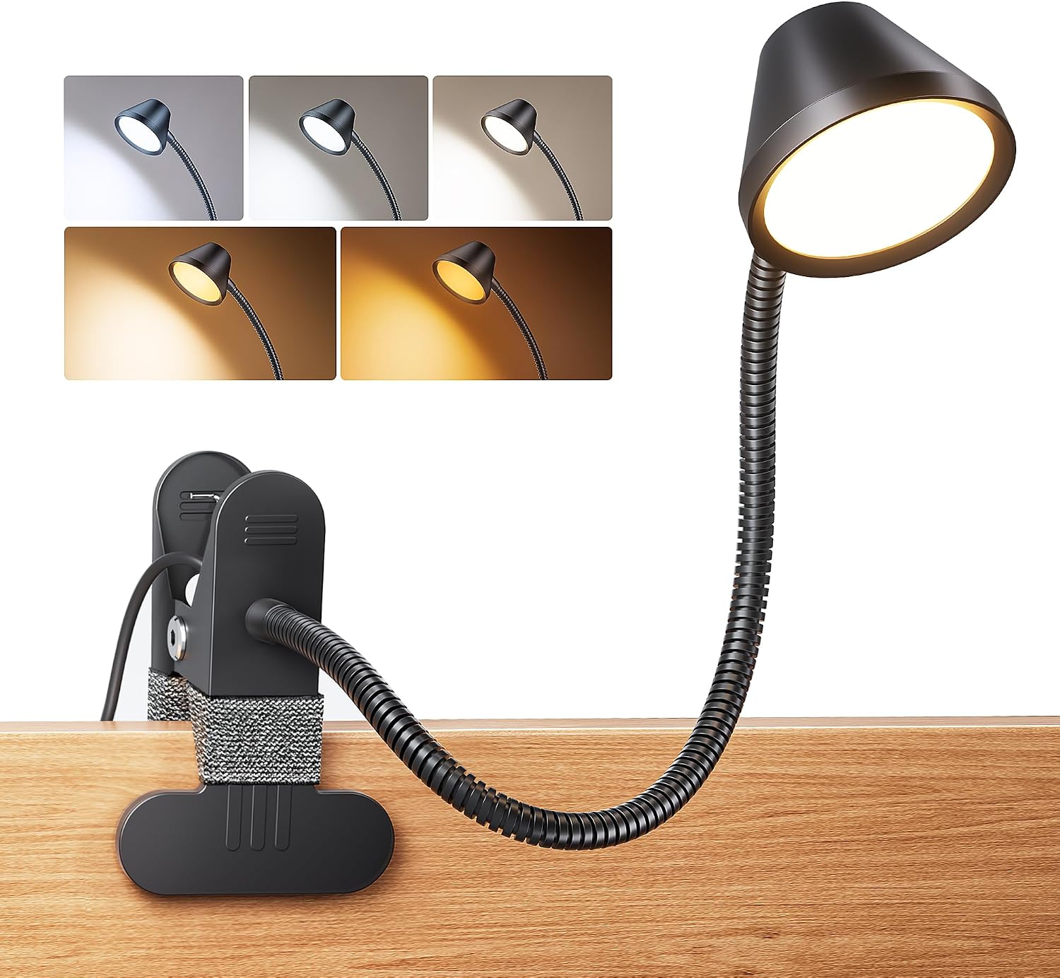 LEPOWER Clip on Light, Reading Lights for Books in Bed, 400LM, RG0 Eye-Care | 5 Colors & Stepless Dimming, Amber Glow Light & Auto Timer, Up to 2.3″ Strong Clamp with Adapter for Headboard, Bedside, Desk