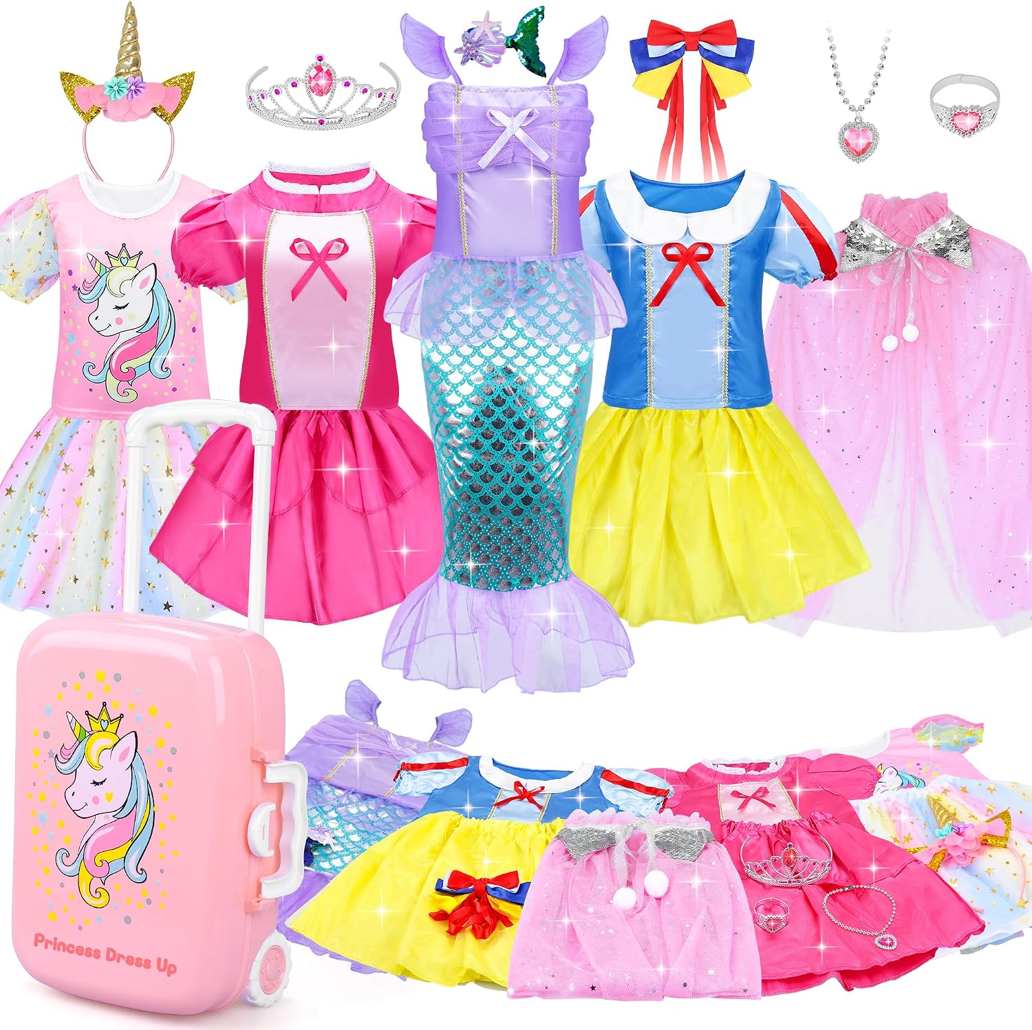 16 Pcs Princess Dress Up Clothes for Girls 3-6, Pretend Play Toy Gift Set | Mermaid Costume & Cosplay Role Play Outfit Set, Perfect Birthday Halloween Party Presents for Little Girls Ages 3 4 5 6 7+