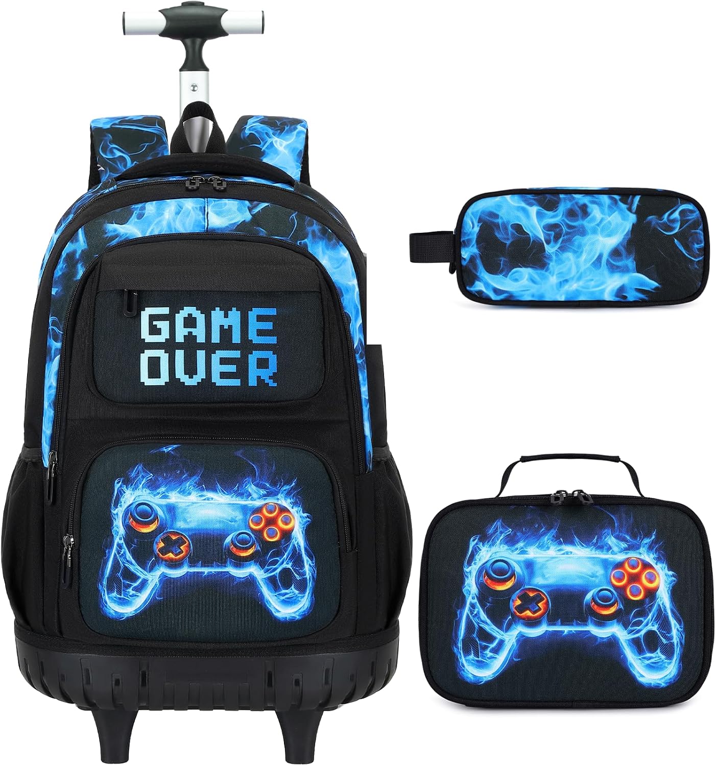 Scothen 3PCS Rolling Backpack for Boys, Cool Gamer Roller Backpack with Wheels, Kids Boy Wheeled Backpacks with Lunch Bag Pencil Case for Teens Bookbag Kindergarten Elementary Middle School