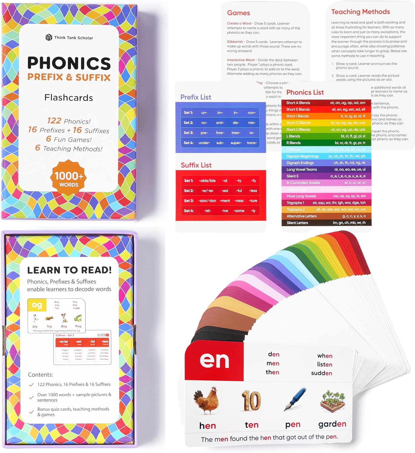 Award-Winning Phonics & Vocabulary Flash Cards (1000+ Words w/Prefixes, Suffixes & CVC) incl. Games & Visual Aids for Ages 4-8, Pre-K to 3rd Grade