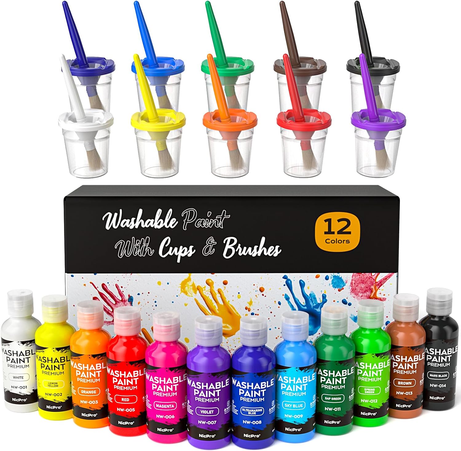 Nicpro 12 Colors Washable Finger Paint Set for Toddlers (2 oz), Kids Paint | Baby Safe Kids Paint with Paint Cups & Brushes, Mess Free Art Supplies for Children Age 3 4 5 6+, Preschool Learning Gifts